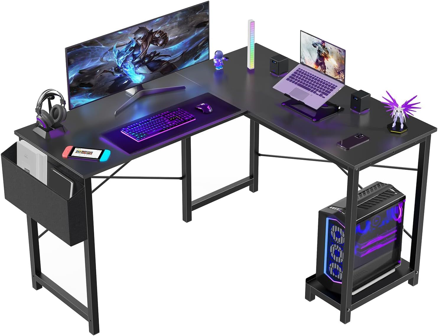 L Shaped Computer Desk - Gaming Table Corner Desk 50 Inch PC Writing Black Desk Study Desks with Wooden Desktop CPU Stand Side Bag Reversible for Home Office Dorm Small Space