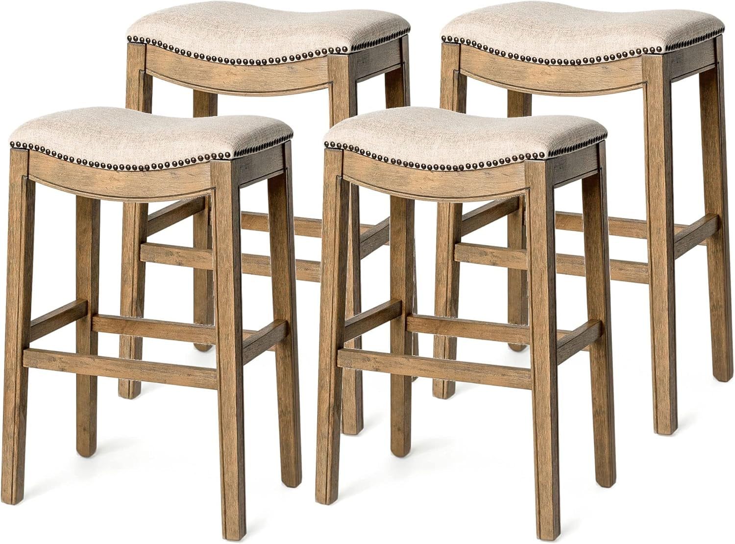 Adrien 31 Inch Bar Height Upholstered Backless Saddle Barstool in Natural Wood Finish with Wheat Cream Fabric Cushion Seat, Set of 4