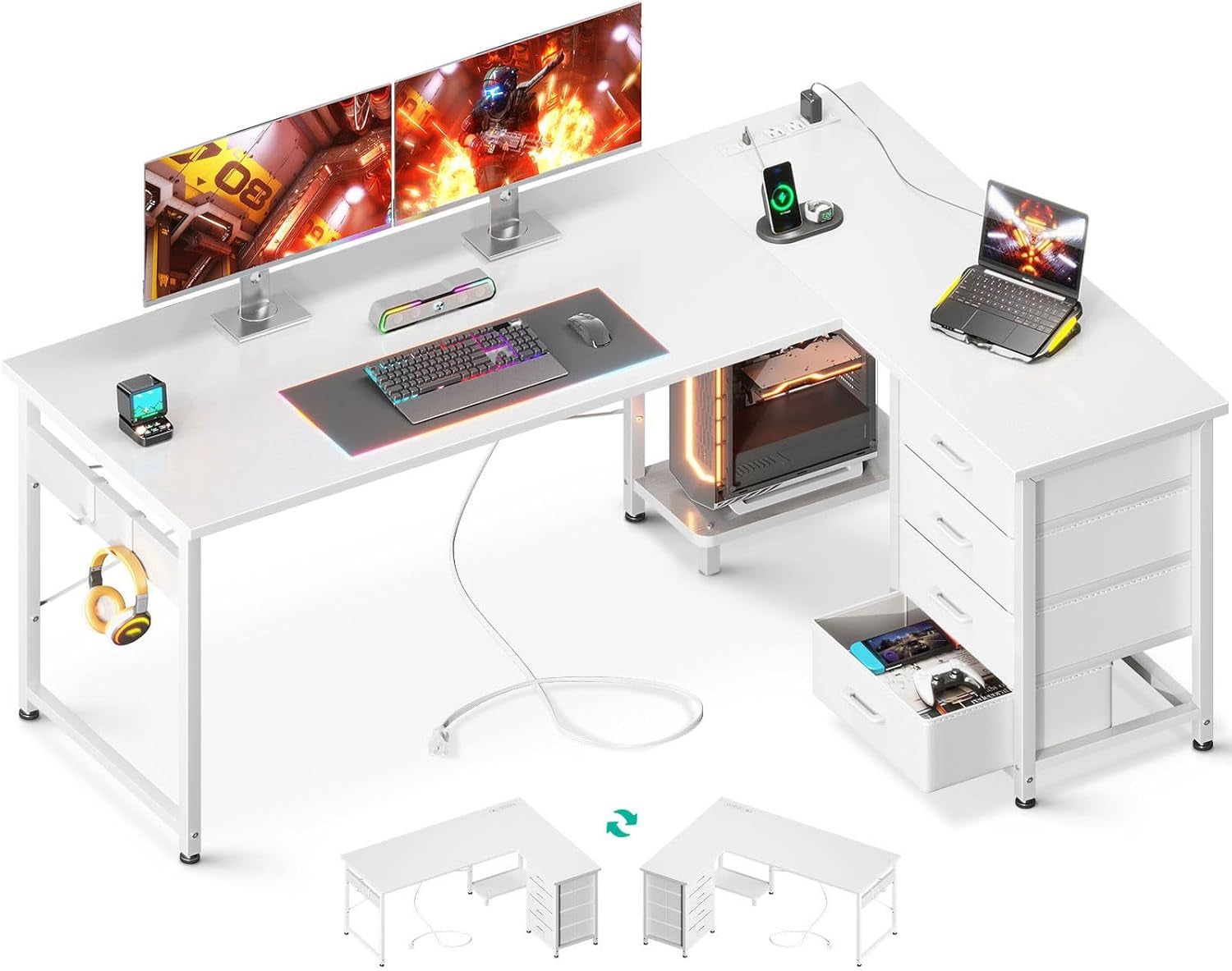 L Shaped Desk with 4 Tier Drawers, 61&quot; Reversible Gaming Desk with Power Outlets, L Shaped Computer Desk with USB Charging Port and Host Stand, Home Office Corner Desk, Easy to Assemble, White