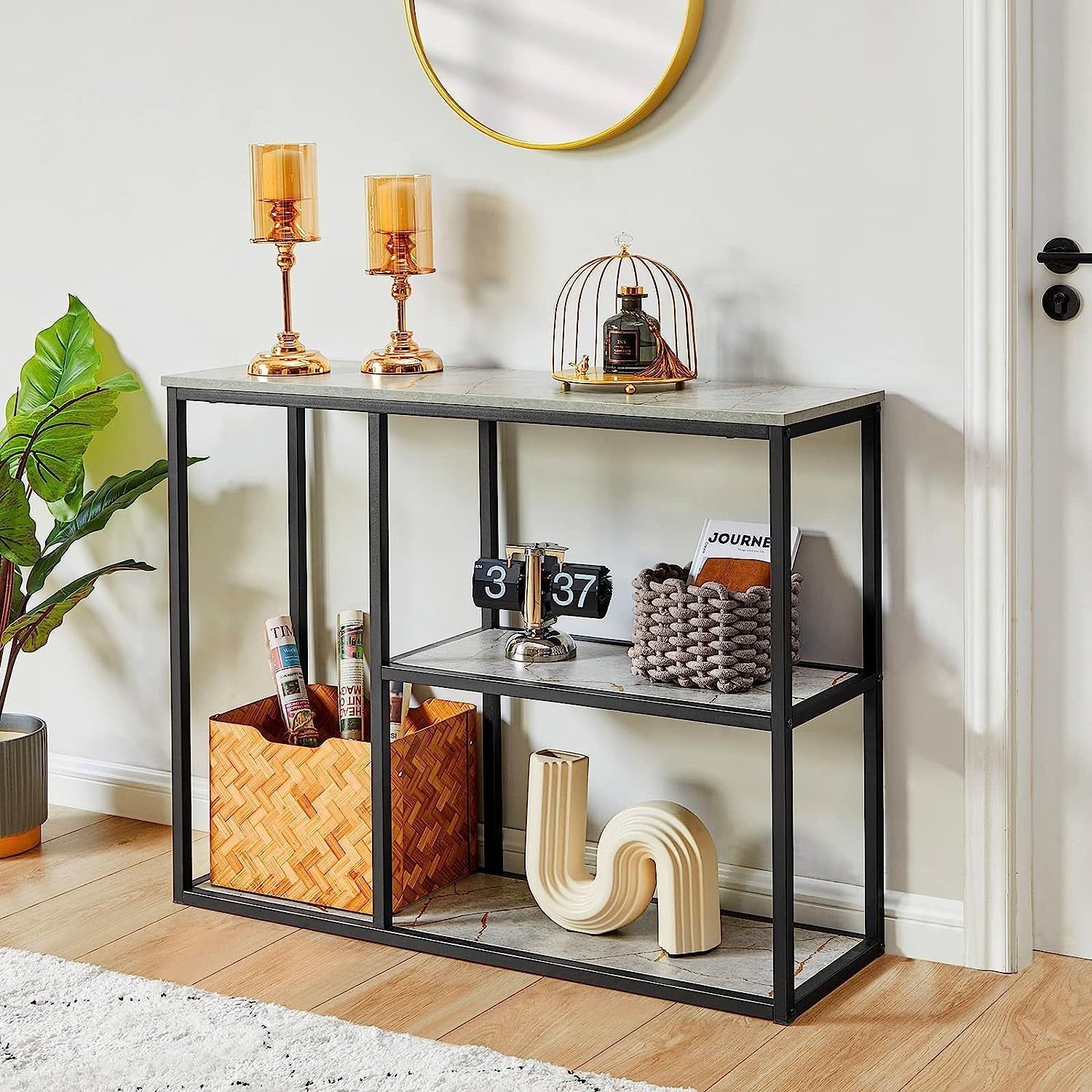 Grey Marble Console Table with 3-Tier Shelves