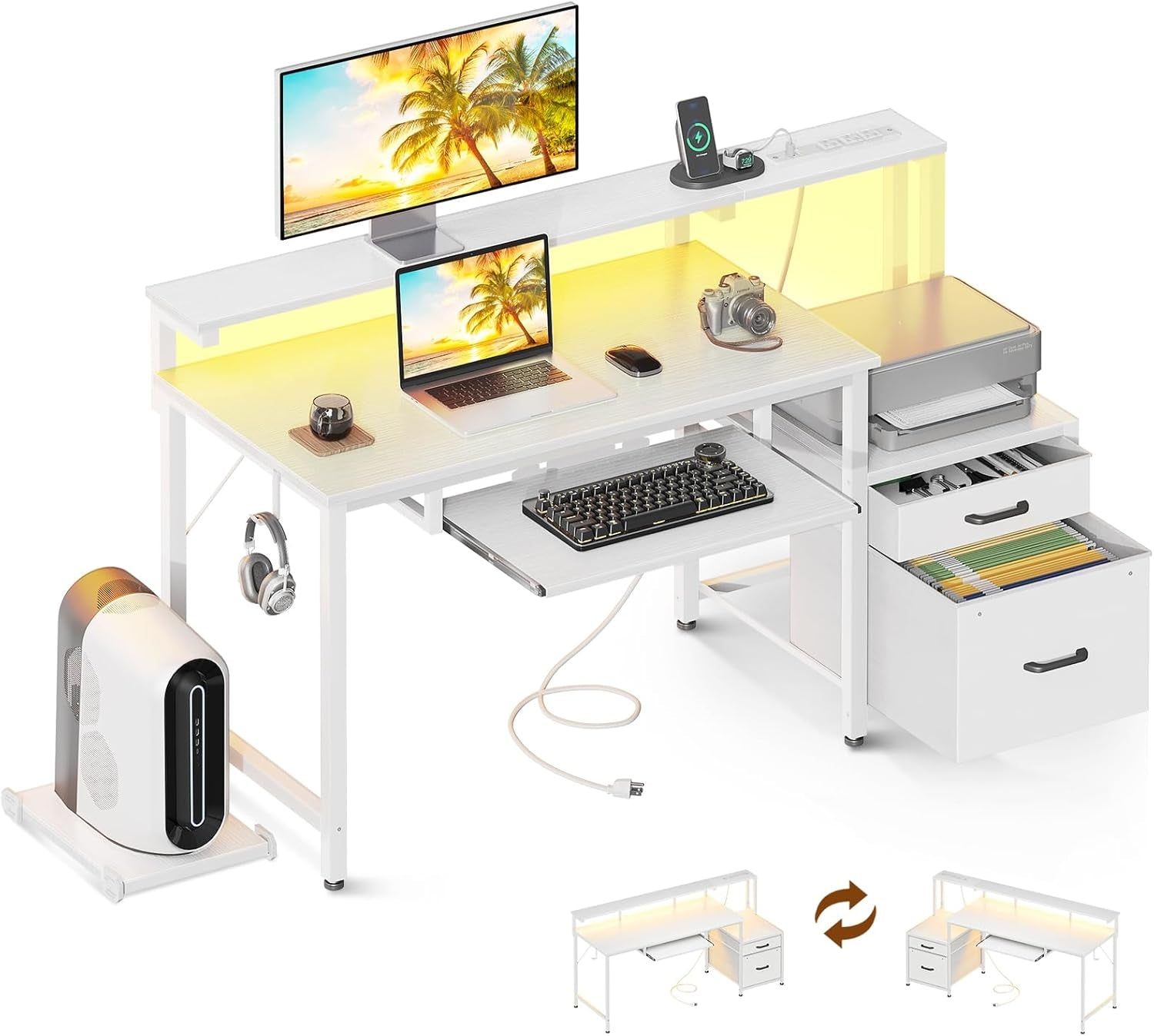 48&quot; Computer Desk with Fabric File Cabinet and Drawer, Reversible Office Desk with Power Outlet and LED Light, Study Desk with Printer Stand, Keyboard Tray, Full Monitor Riser and PC Stand, White