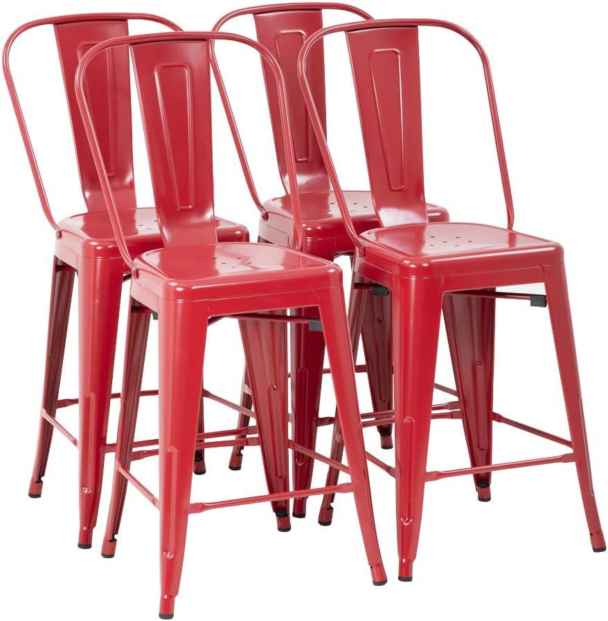 24 Inches Bar Stool Set of 4 Counter Height Barstool with Back Seat Height Industrial Bar Chairs Indoor Outdoor Metal Bar Stool Kitchen Stools Restaurant Patio Stool Stackable Modern Kitchen Stool