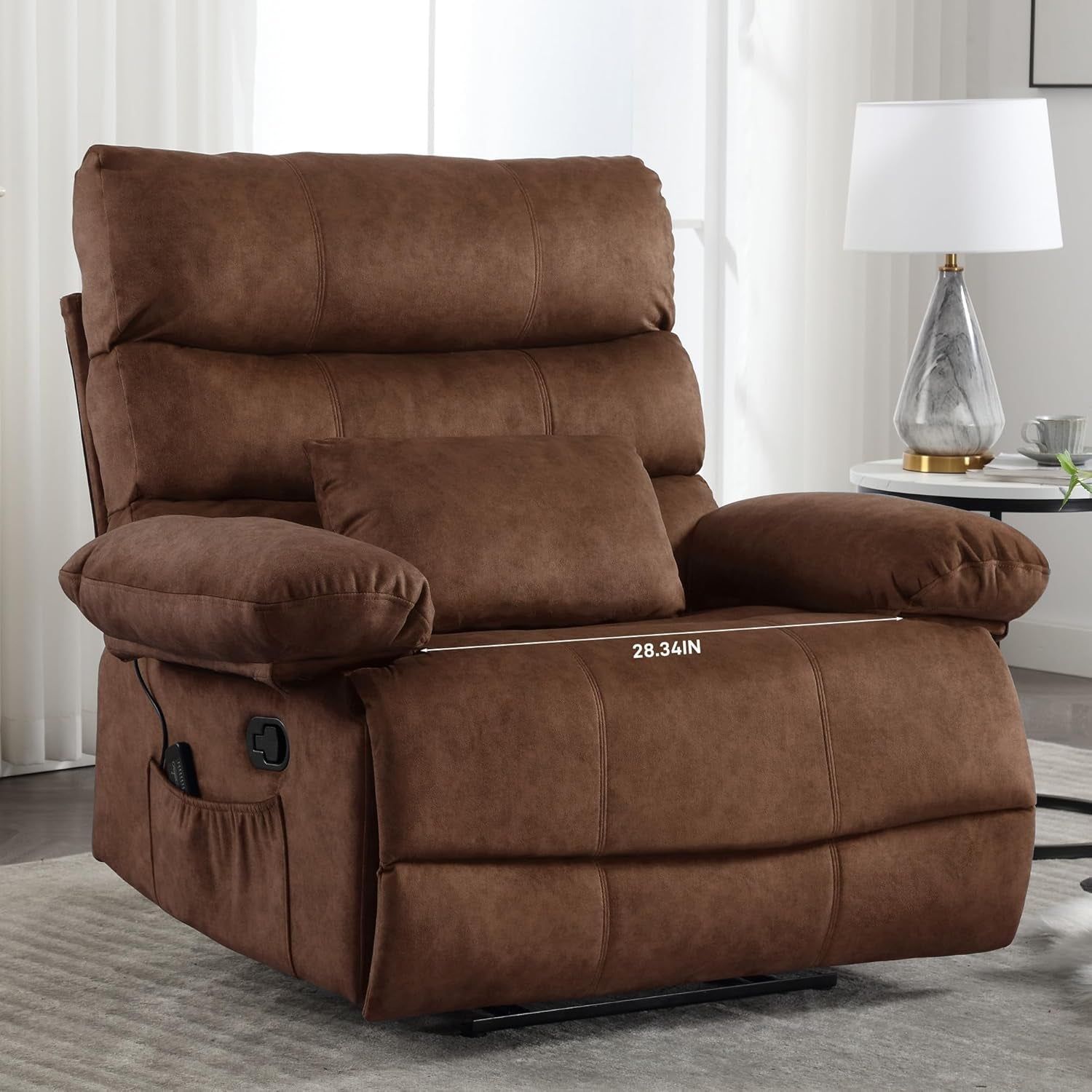 Oversized Recliner Chair, plus Size 28 Inch Large Wide Seat Manual Flannel Recliner with Pockets, Massage Heated Pillow 350 Lb Capacity for Living Room Adults