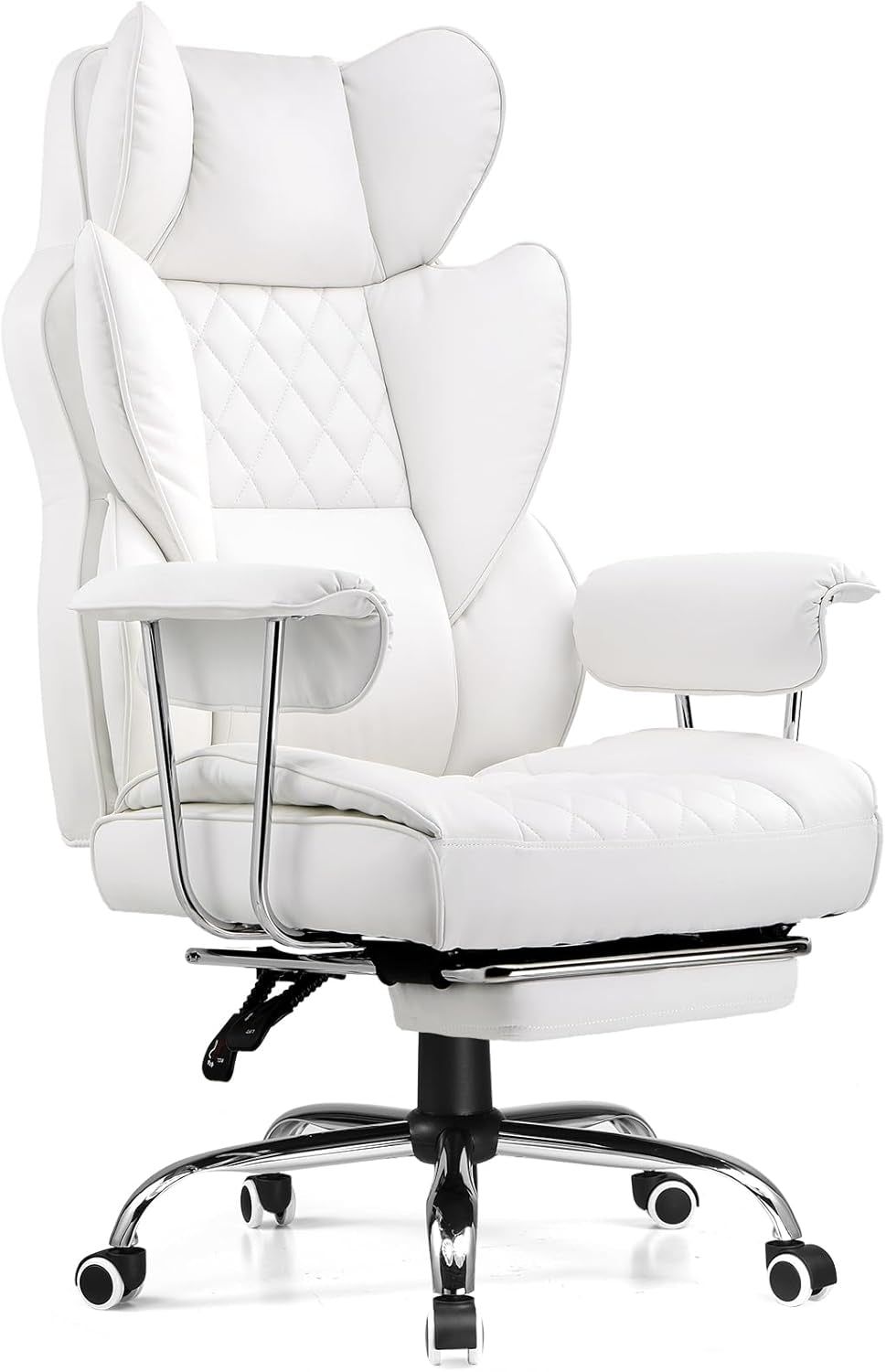 Big and Tall Gaming Chair with Pocket Spring Lumbar Support, Ergonomic Office Chair with Footrest, Executive Desk Chair with Outward Fixed Soft Armrests, Computer Chair with High Back, White