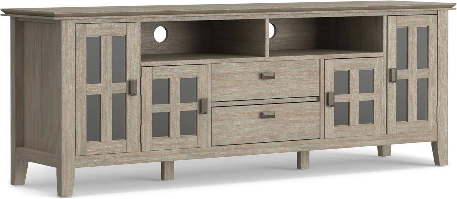 Artisan SOLID WOOD Universal TV Media Stand, 72 Inch Wide, Transitional, Living Room Entertainment Center, Storage Cabinet, for Flat Screen Tvs up to 80 Inches in Distressed Grey