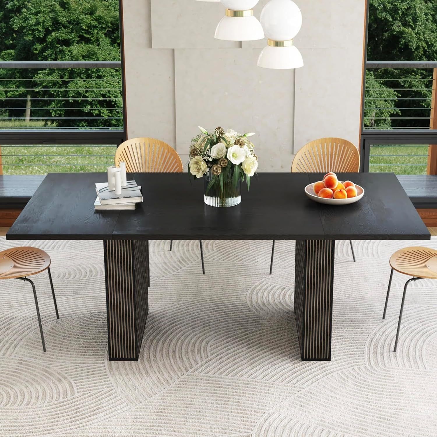 78 Inch Dining Table for 6 8 10, Modern Farmhouse Rectangular Kitchen Table, Dining Room Long Tables with Wood Strip Base for Kitchen Living Room (Black)