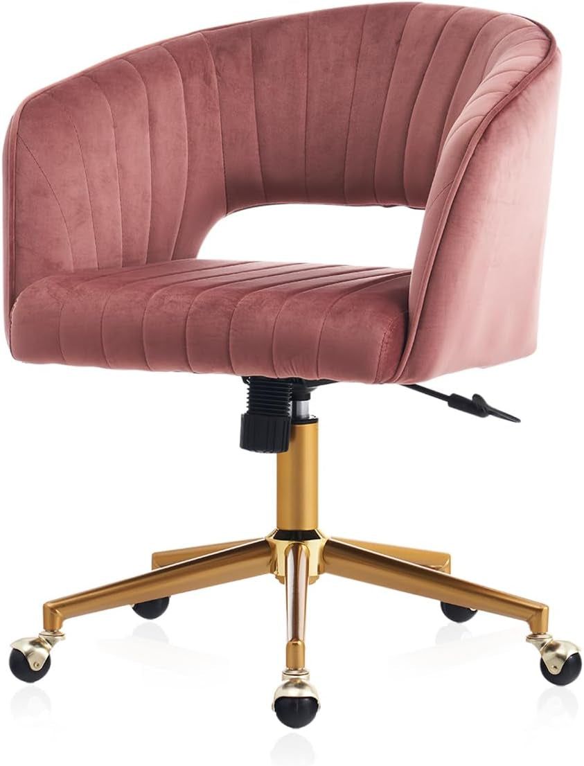 Home Office Chair Swivel Velvet Desk Chair, Vanity Chair with 360 Swivel Armchair and Gold Base,For Living Room, Bedroom, Vanity, Study (Pink)