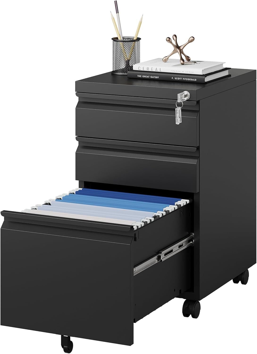 File Cabinet 3 Drawers on Wheels under Desk, Black Metal Rolling File Cabinets with Lock for Home Office, Un-Assembled Filing Cabinet with Lock