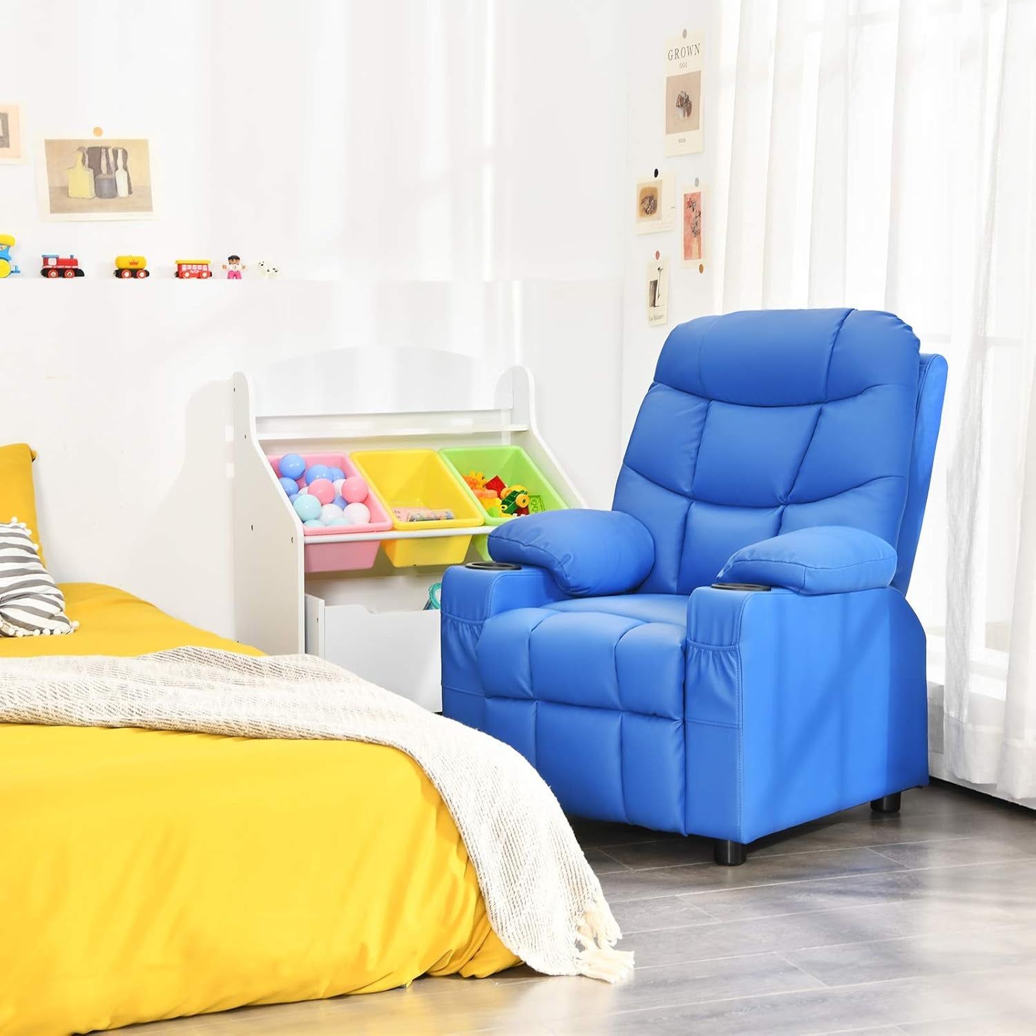 Kids Recliner Chair with Cup Holder, Adjustable Leather Lounge Chair W/Footrest &amp; Side Pockets for Children Boys Girls Room, Ergonomic Toddler Furniture Sofa, Kids Recliner (Blue)