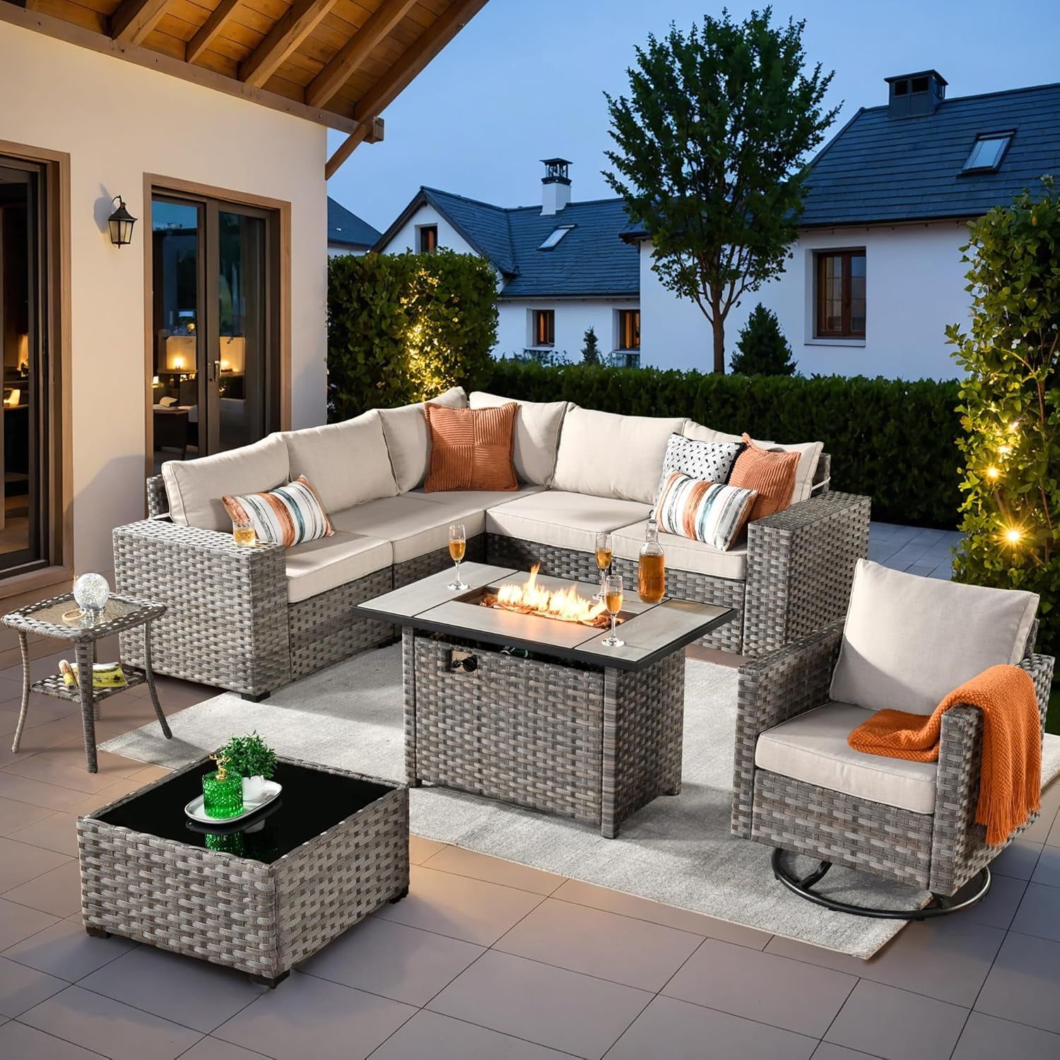 9 Pieces Patio Furniture Set, Outdoor Sectional Sofa with Swivel Rocking Chair, 42&quot; Fire Pit Table, Wide Arms and Deep Seat, Modular Wicker Rattan Conversation Set, Beige