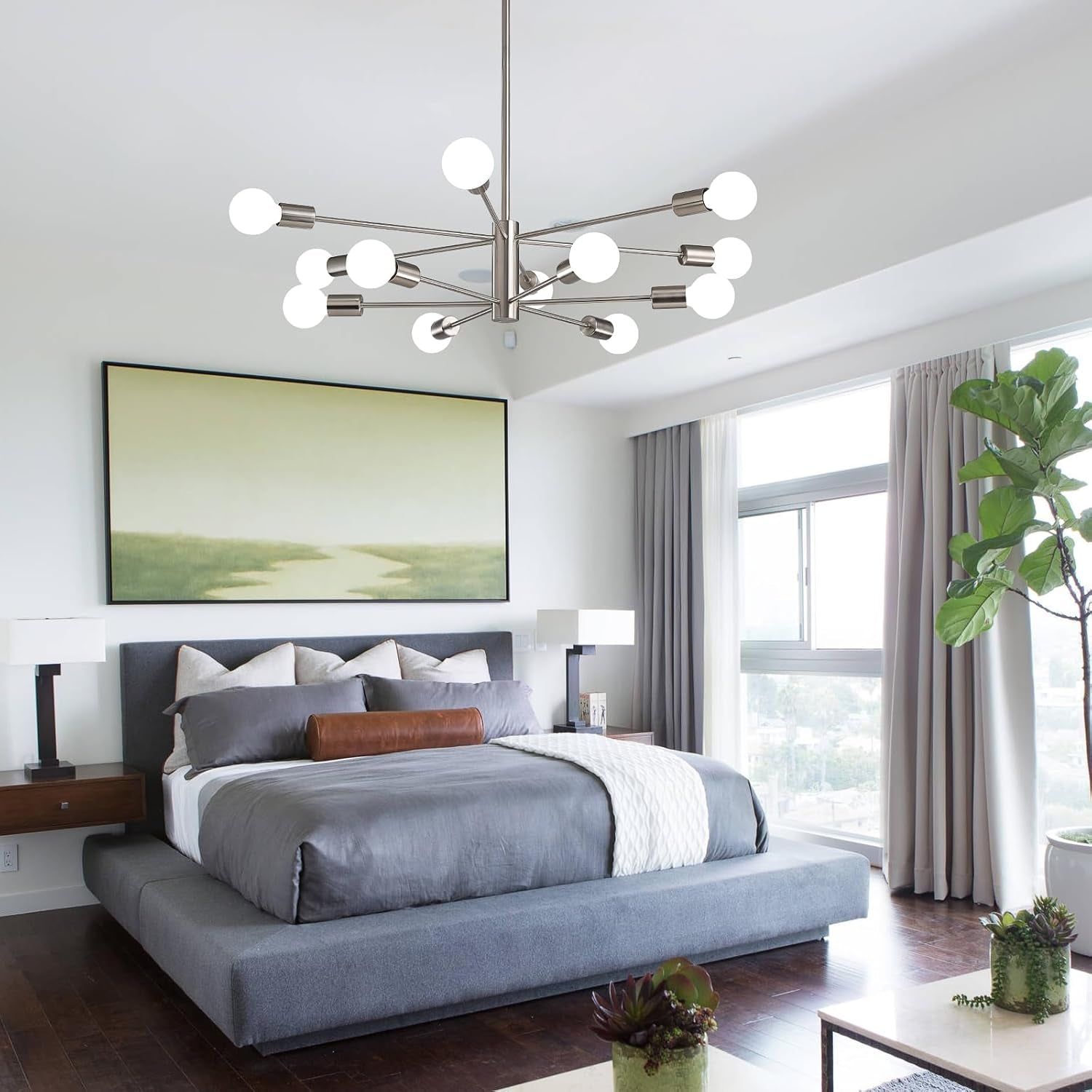 Modern Sputnik Chandeliers Light, 12 Lights Brushed Nickel Dining Room Chandelier over Table, Height Adjustable Industrial Semi Flush Mount Mid Century Chandelier for Kitchen Island Living Room