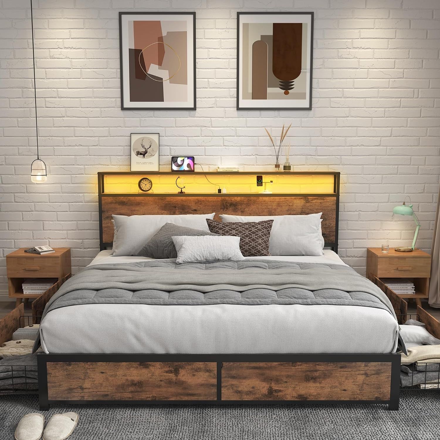 Vintage Queen Bed Storage Headboard, Drawers, Charge, LED