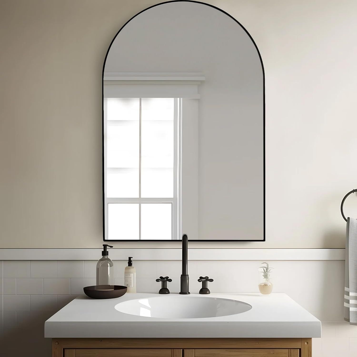 Black Arched Bathroom Mirror 24x36, Wood Frame, Vanity