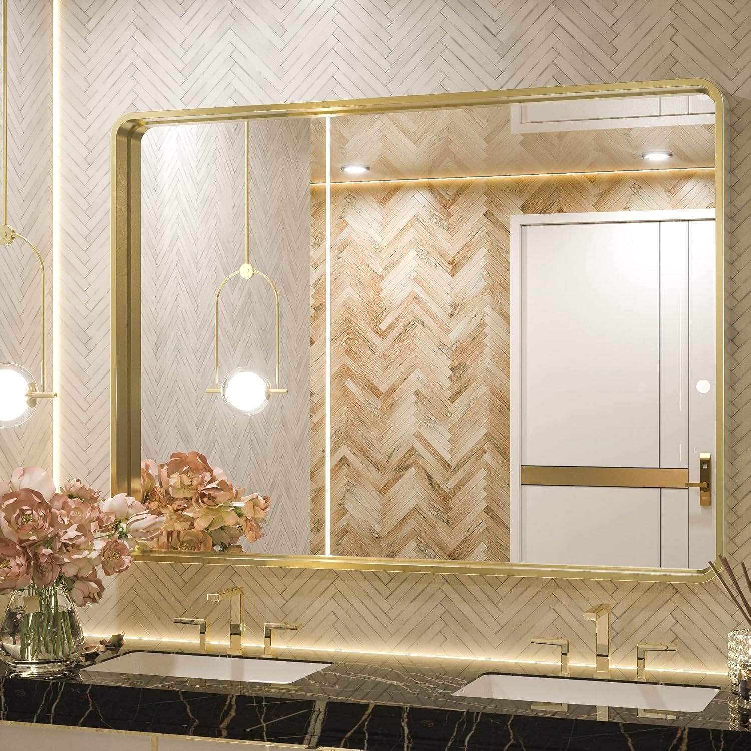 40 X 30 Inch Gold Bathroom Mirror, Brushed Brass Metal Frame Mirror for Vanity, Rectangle Wall Mounted Golden Modern Mirror (Horizontal/Vertical)