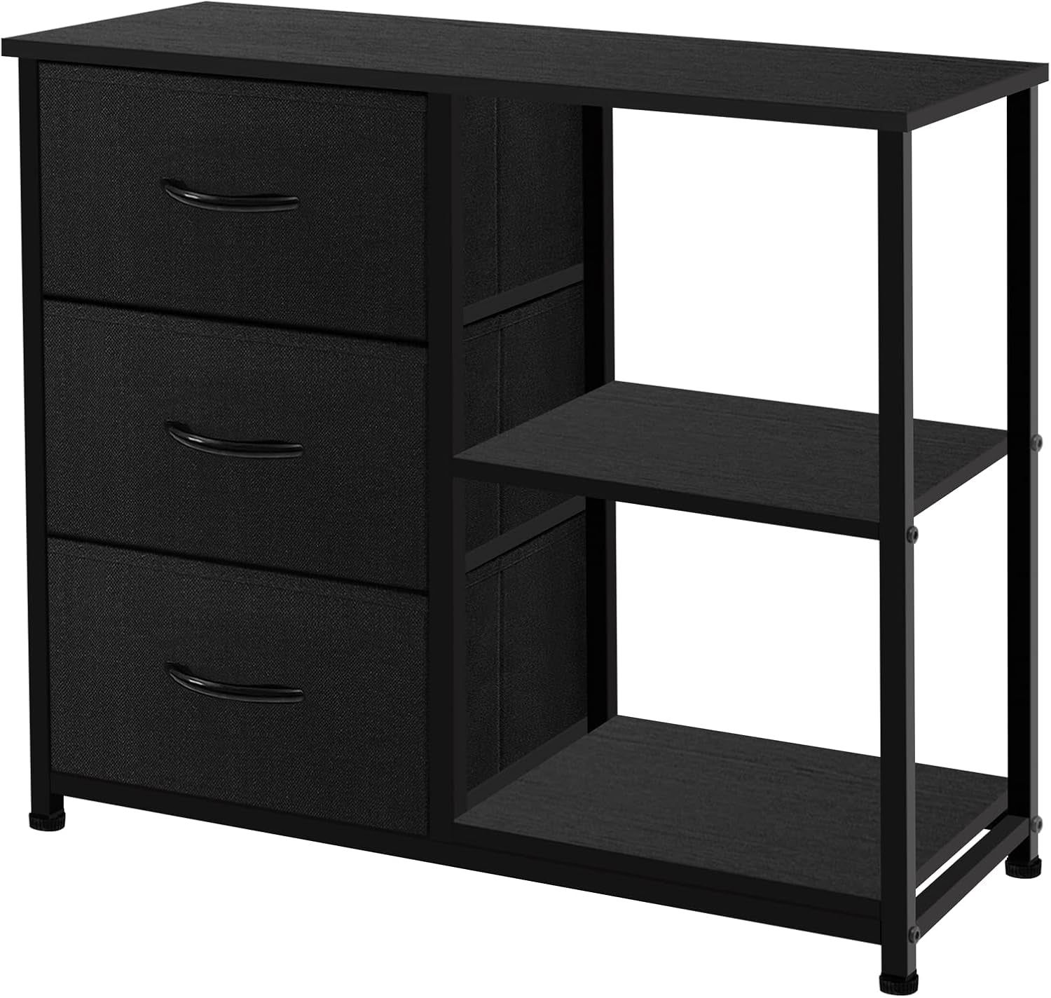 Rustic Brown Fabric Dresser, 4 Drawer Organizer Unit with 2 Shelves, Storage Chest for Bedroom, Entryway, Hallway, Living Room, Office, Black