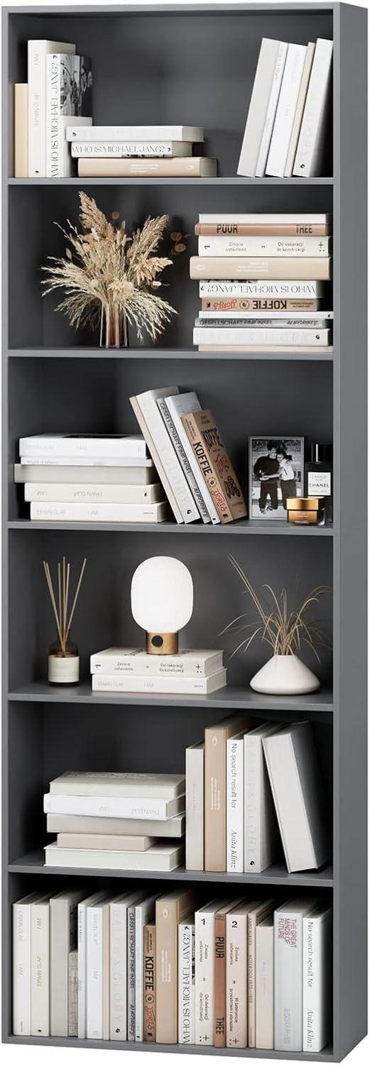 6-Tier Open Bookcase and Bookshelf, Freestanding Display Storage Shelves Tall Bookcase for Bedroom, Living Room and Office, Dark Gray