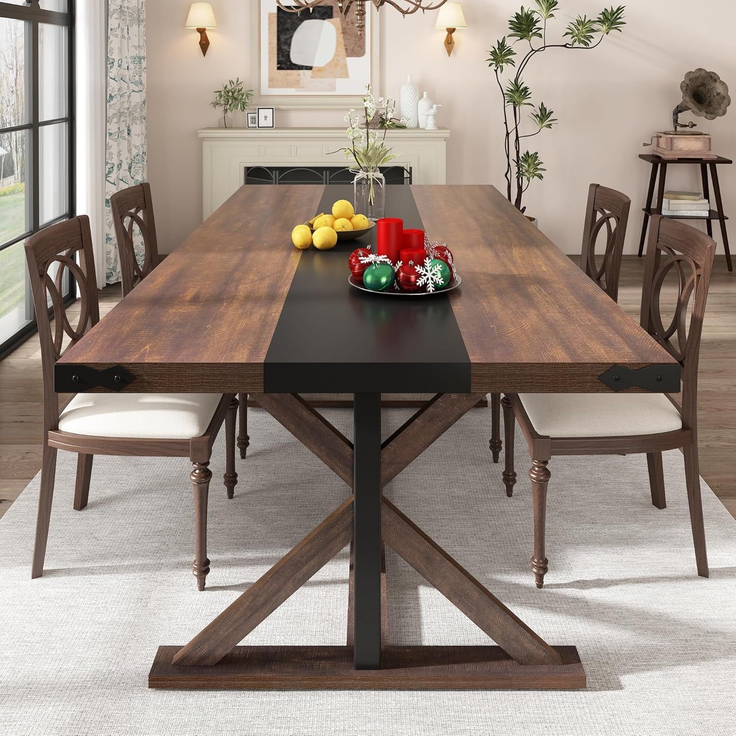 71&quot; Farmhouse Dining Table for 5 6 8 People, Rectangular Kitchen Table W/Thickness Waterproof Wood Grain Tabletop (Brown, 71 X 35.4 X 30 In)
