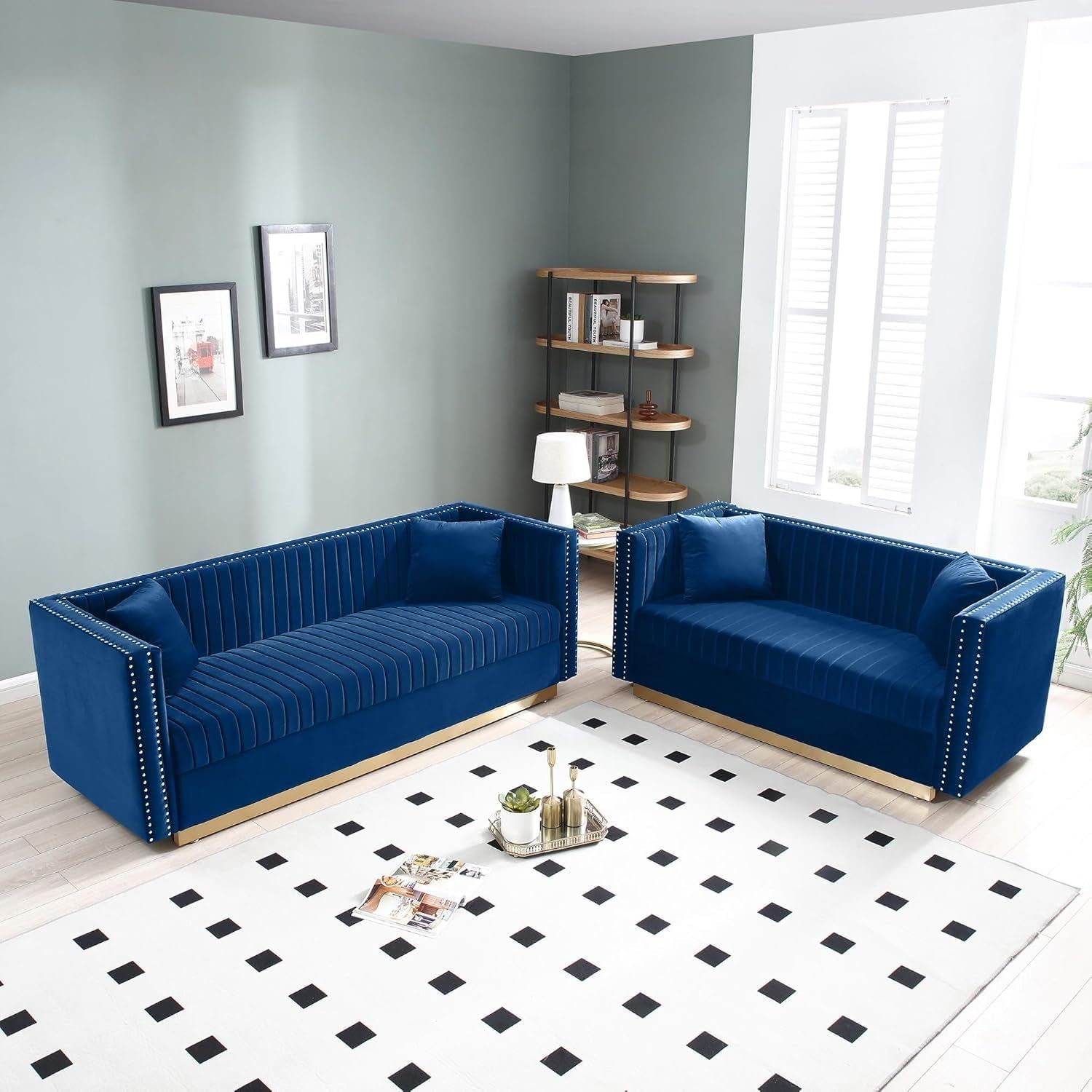 Velvet Sofa Set: Modern L Shaped Couch and Loveseat Set with Gold Metal Legs and Nailhead for Living Room, Apartment and Office (Blue)