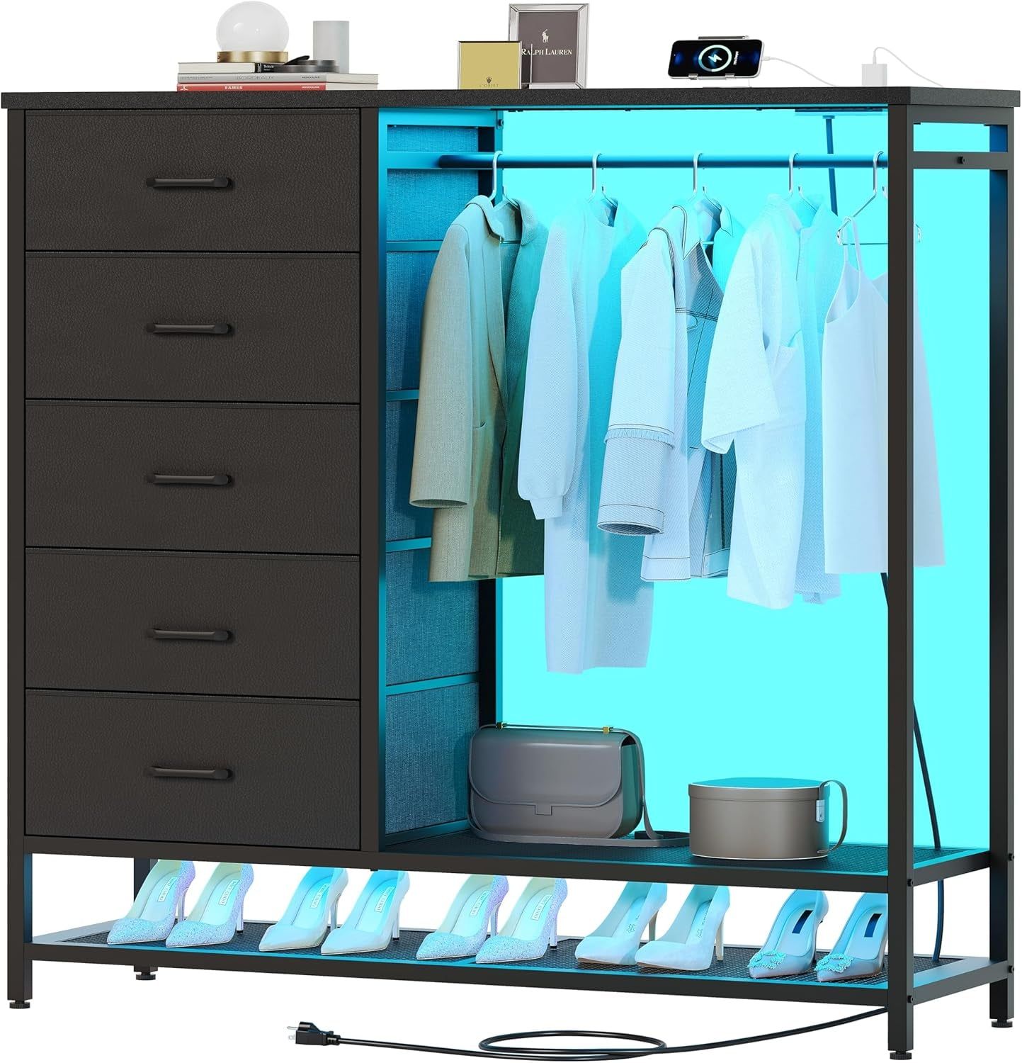 LED Dresser with Rack, Charging &amp; 5 Drawers Black