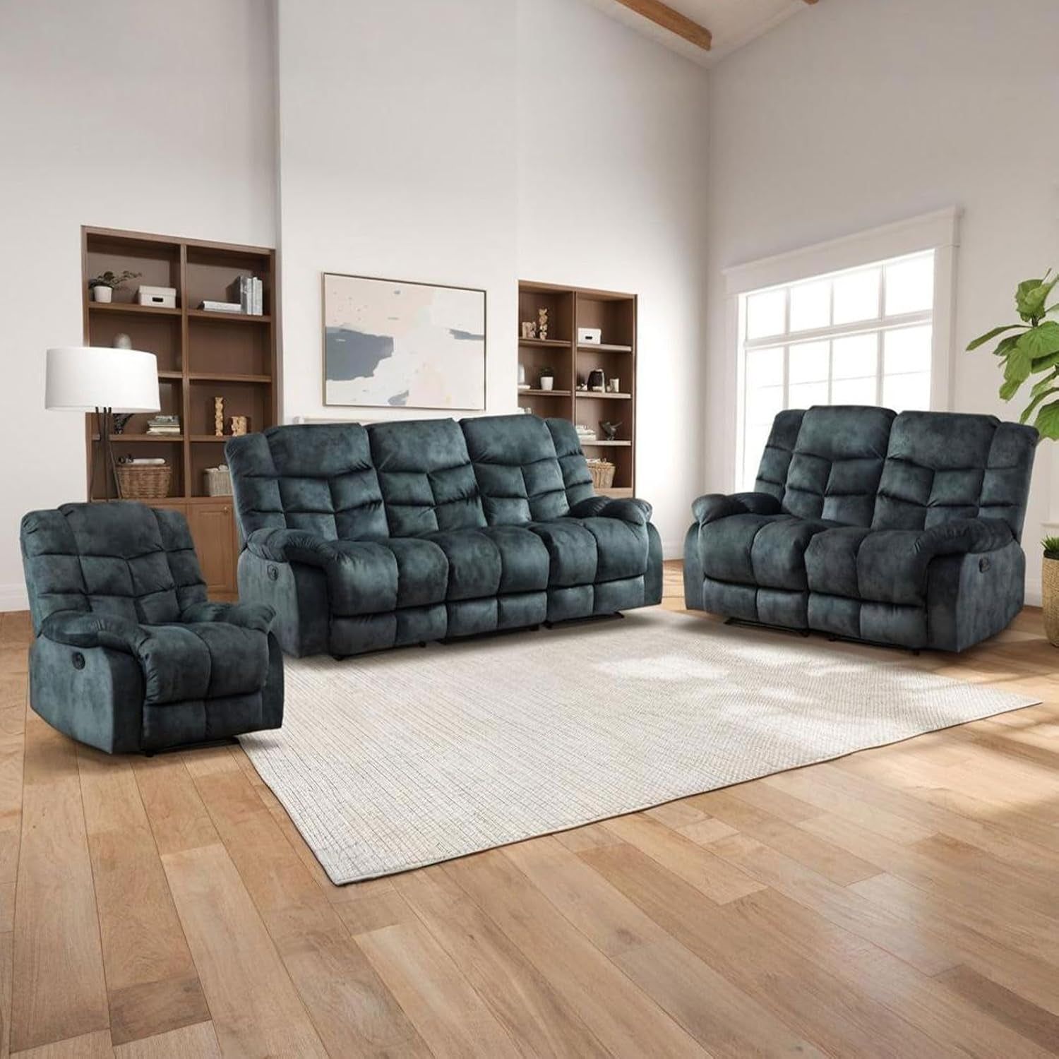 Reclining Living Room Set, One Seat Manual Recliner, Loveseat Recliner Sofa and 3PC Bonded Manual Recliner Set, Grey(Recliner+Loveseat+Sofa)