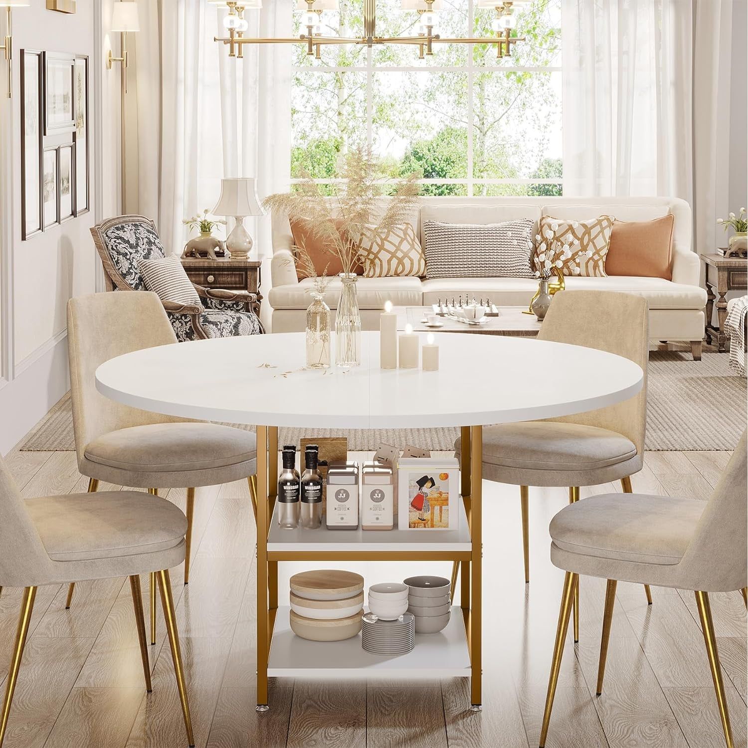 47 Inches Dining Table Kitchen Tables for Dining Room, 4 People round Dinner Table with Storage Shelves for Dinner Room Kitchen Living Room, White Gold(Only Table)