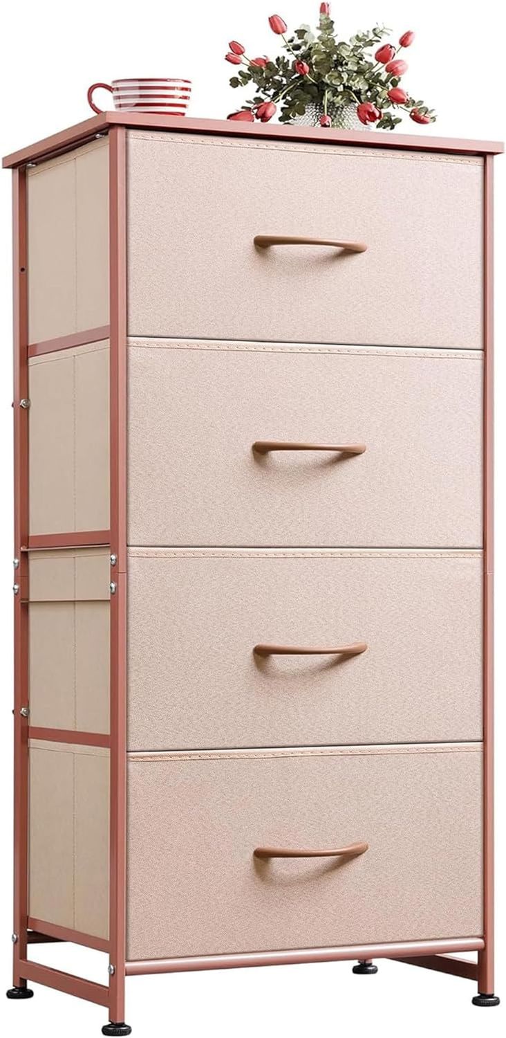 4 Drawers Dresser for Bedroom, Pink Rose Gold Fabric Clothes Storage Organizer Unit, Dresser for Hallway, Entryway, Closets, Sturdy Steel Frame, Wood Top