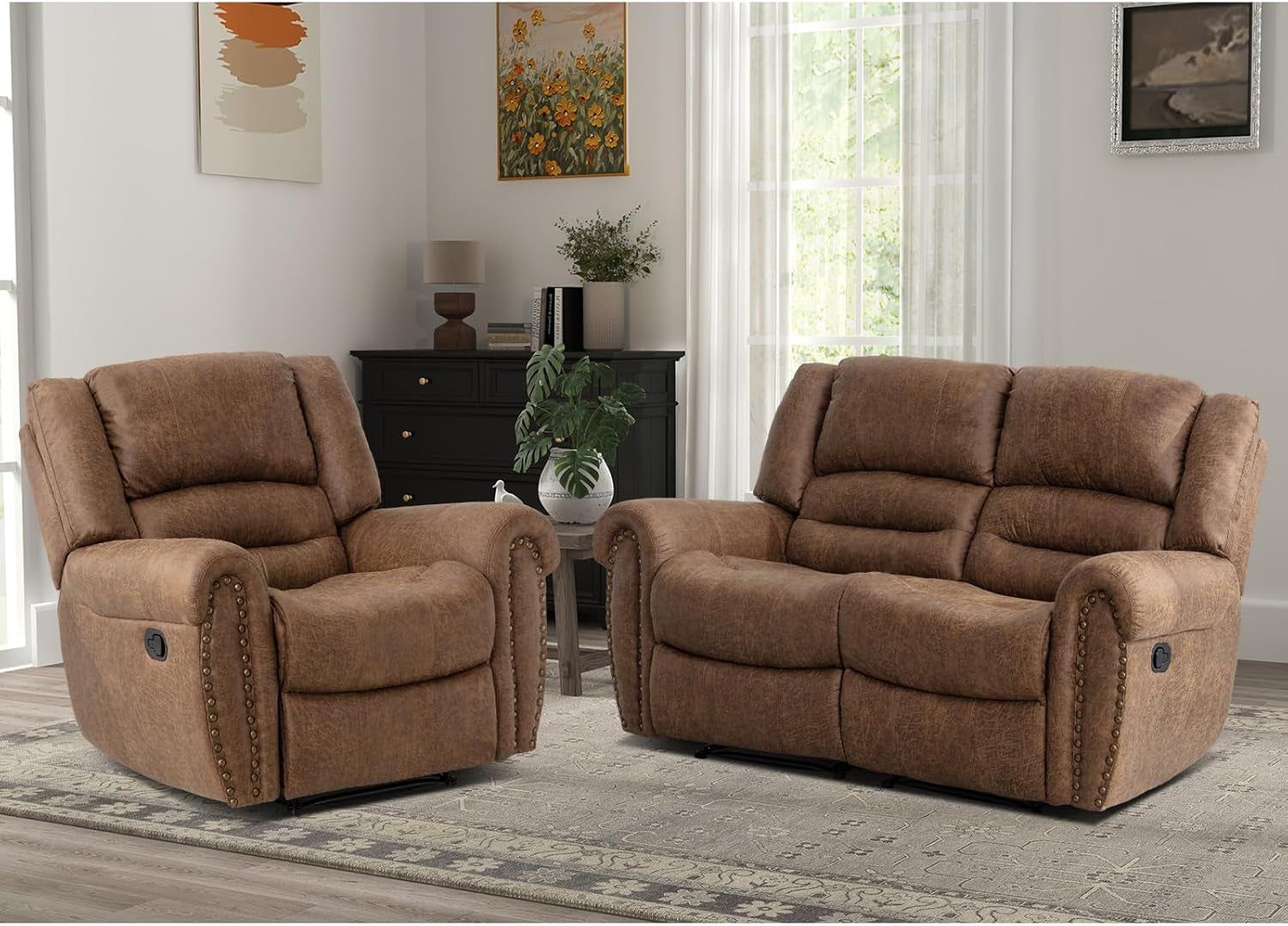 Manual Recliner Sofa Set, Faux Leather Reclining Living Room Set, Included Single Recliner Chair and Loveseat Manual Recliner Sofa, Brown(Recliner+ Loveseat)