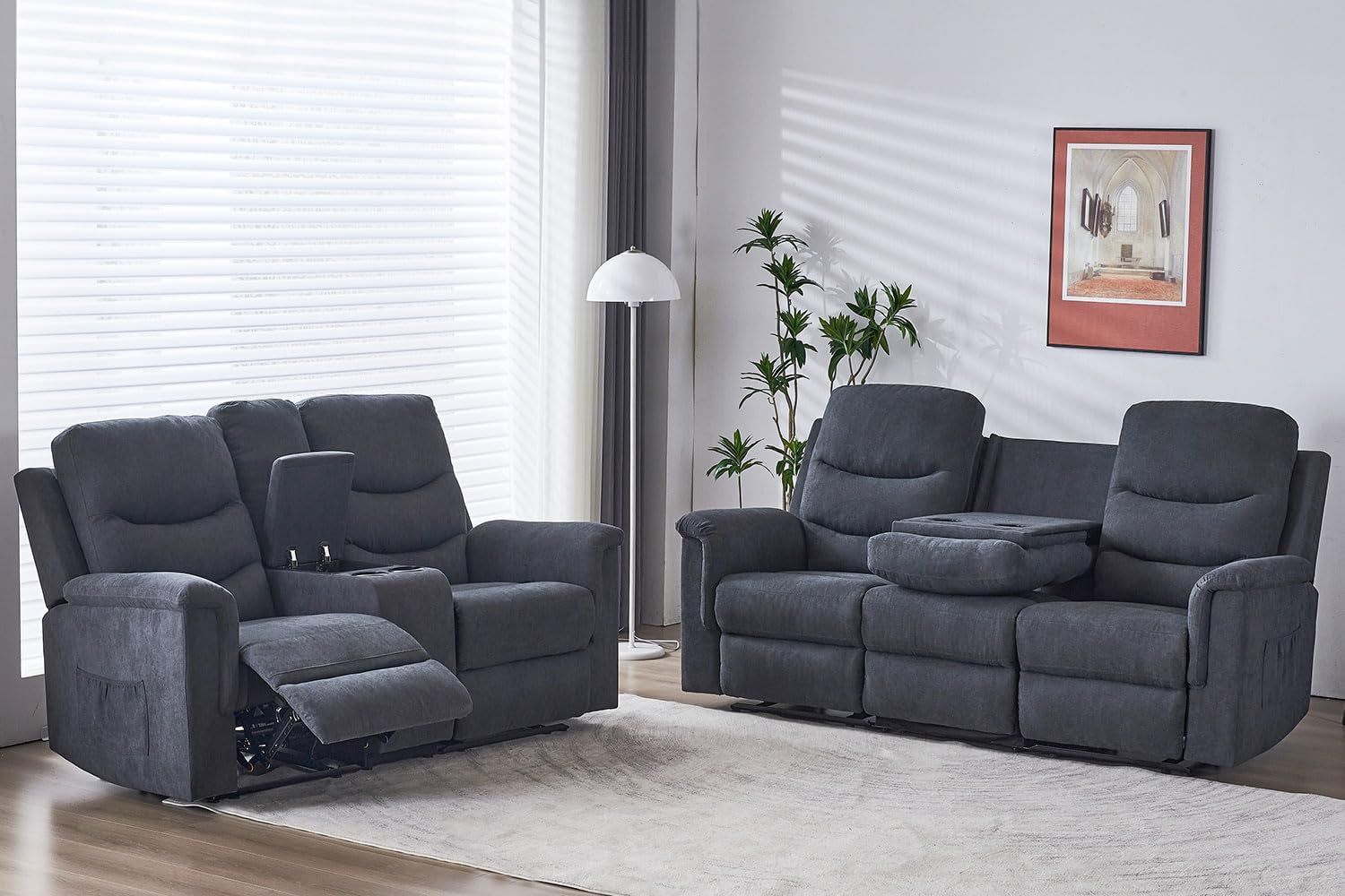 2 Pieces Recliner Sofa Set, Manual Sofa Set for Living Room Furniture Set, Recliner Sofa and Loveseat Sets, Reclining Loveseat with Console &amp; Cup Houlders for Living Room