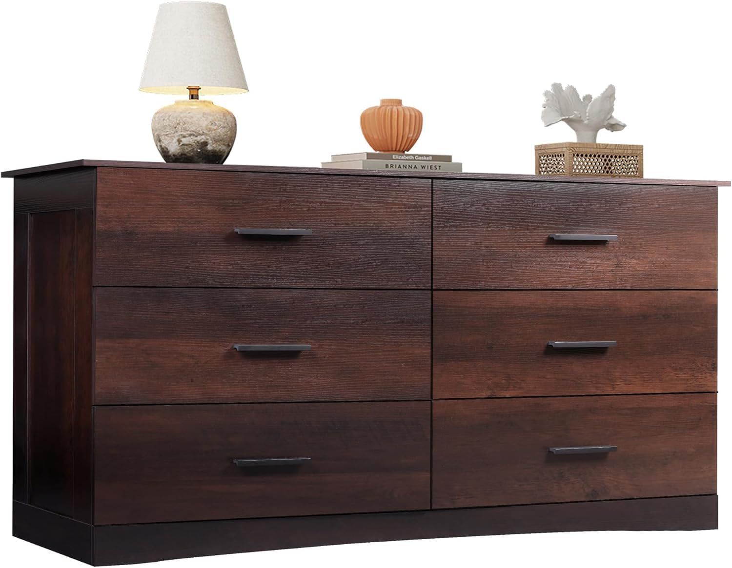 Wood Dresser for Bedroom, Wide Chest of Drawers with 6 Drawers, Large Brown Storage Tower Unit, Modern Minimalist Closet Store Organizer for Living Room, Hallway