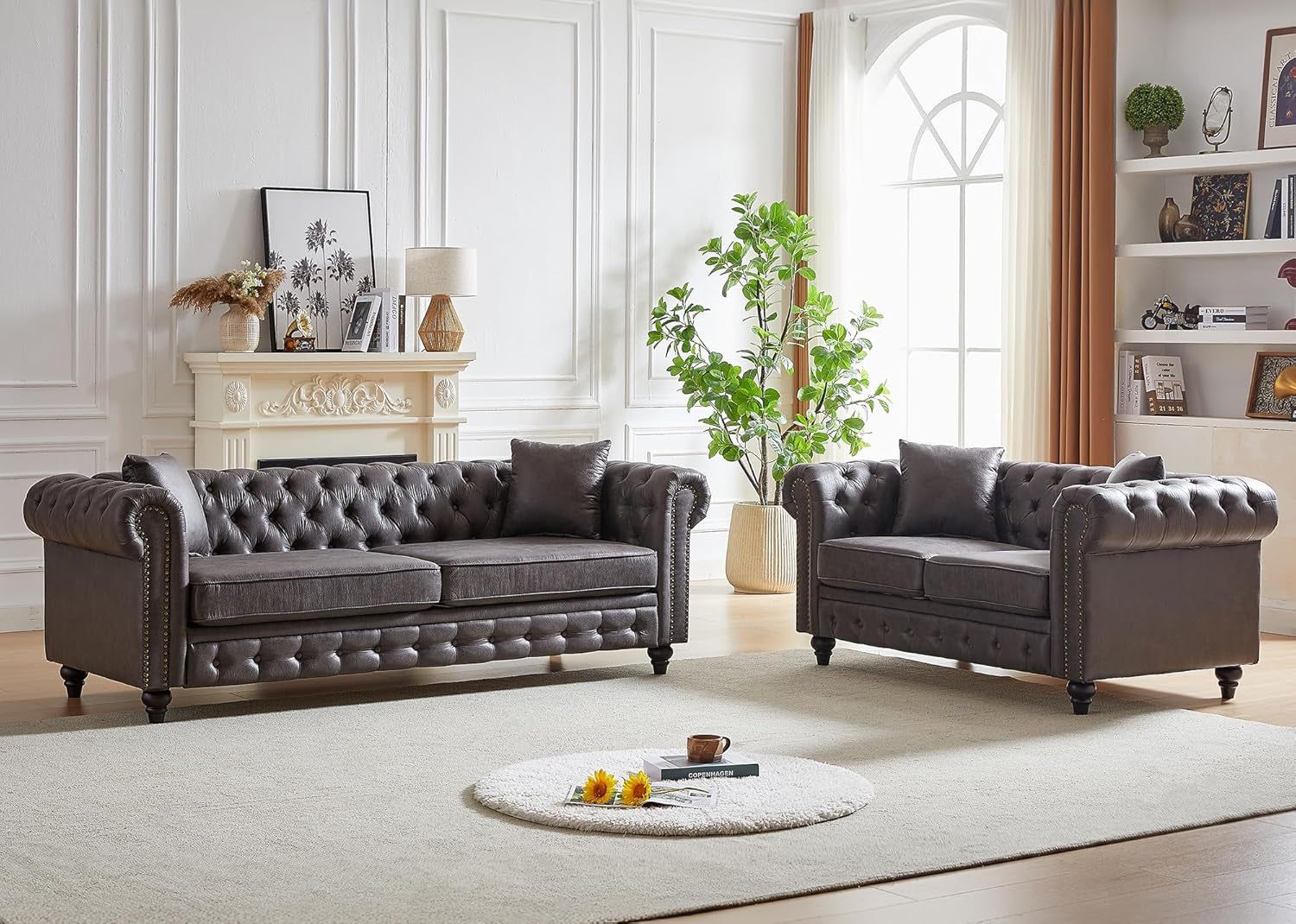 2 Piece Living Room Sofa Set,Button Tufted Couch and Loveseat Set with Nailhead Trim&amp;Roll Armrest,Upholstered Mid Century Modern Couch,Chesterfield Sofa for Living Room,Office(Loveseat+3 Seater,Grey)