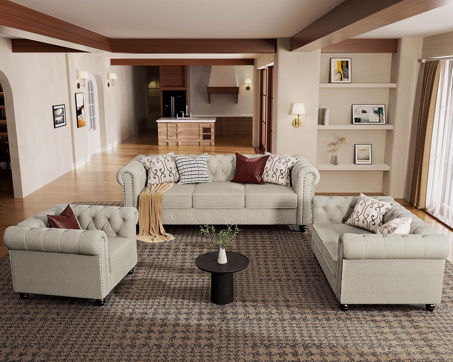 3 Piece Classic Chesterfield 6-Seater Set, Tufted Chair &amp; Loveseat &amp; Sofa Solid Wood Legs Thick Cushion, Pet-Friendly Couch Set Furniture for Living Room Bedroom Apartment, Linen Beige