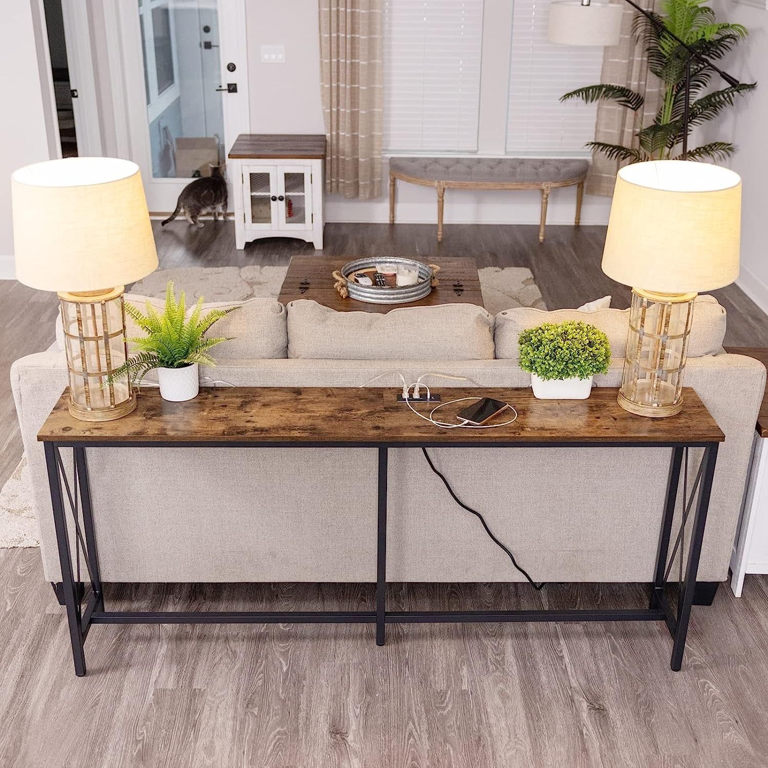 Vintage Brown Console Table with Power Ports