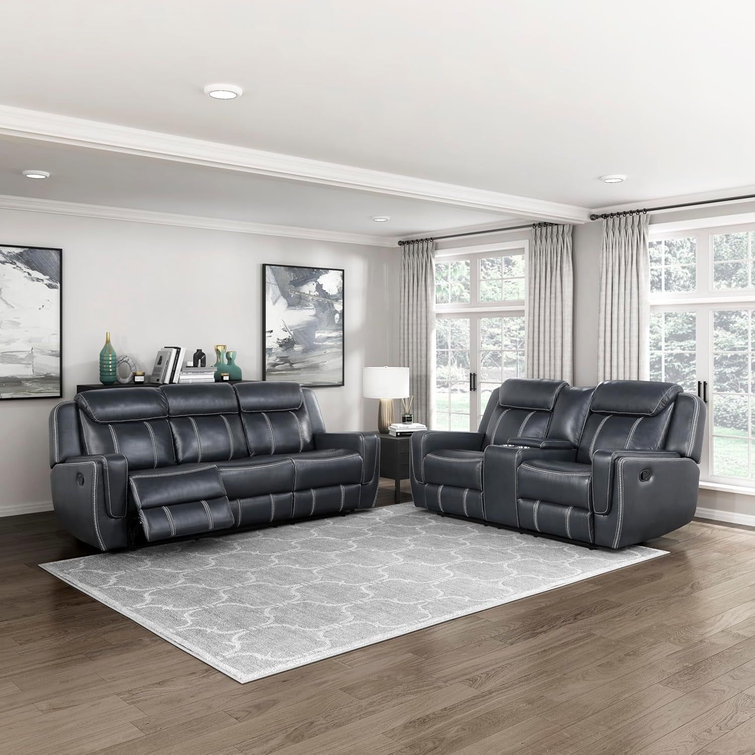 Recliner Living Room Set, Home Theater Seating, Manual Faux Leather Upholstery Recliner Sofas, RV Couch Including Double Recliner Sofa and Loveseat, 2-Piece Set, Blue