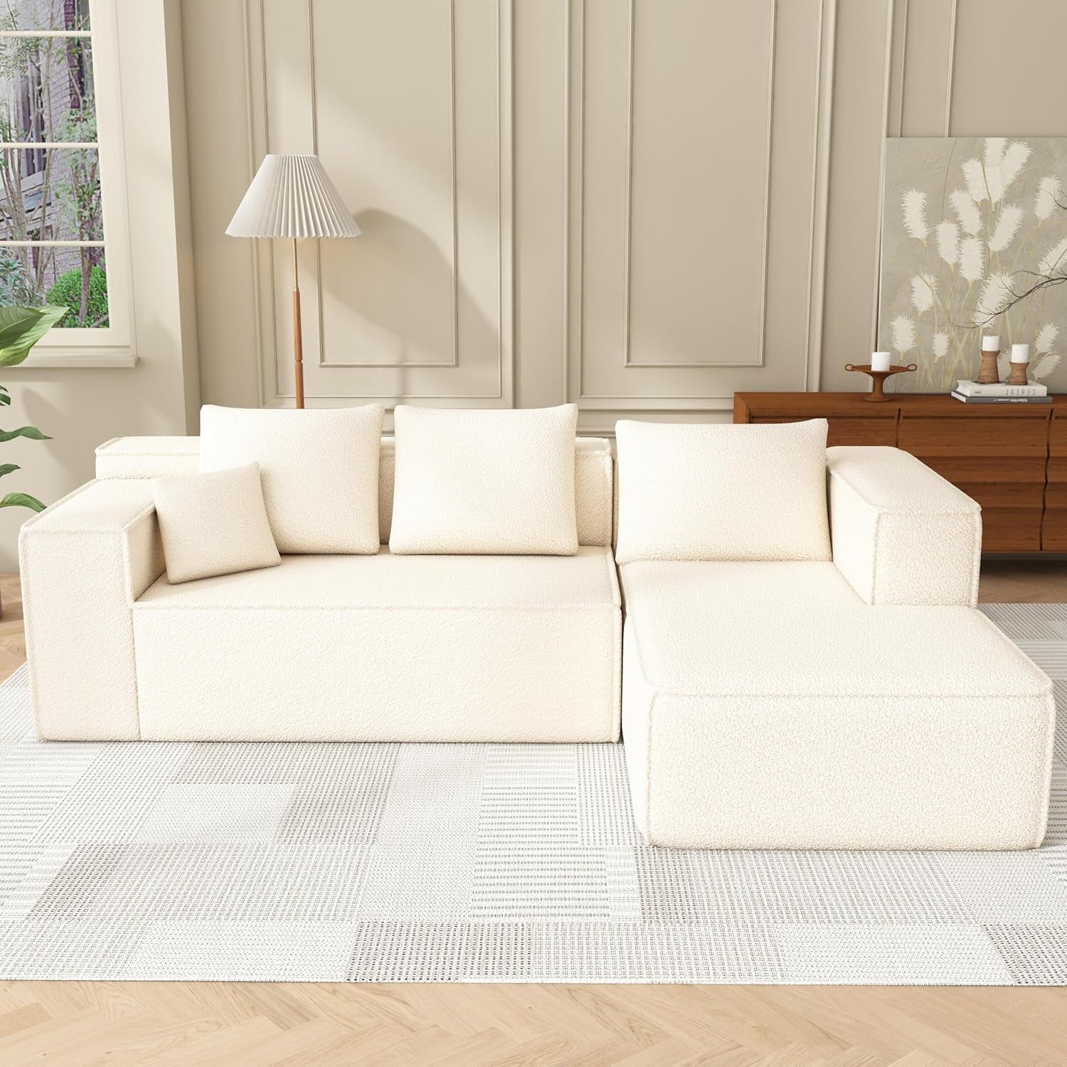 Modular Sectional Sleeper Sofa,L-Shape Chaise,7-Seater Sofa,Upholstered Couches for Living Room Bedroom,No Assembly,White