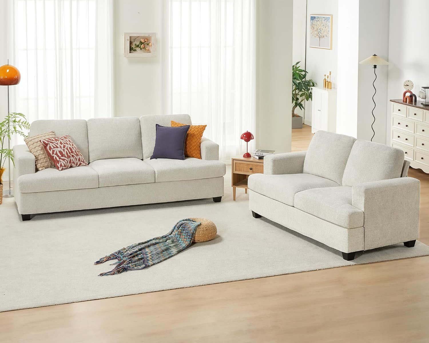 Sofa, 2 Piece Set Comfy Couch with Extra Deep Seats, Modern Sofa- Sofa Couch for Living Room Apartment Lounge, Beige Chenille