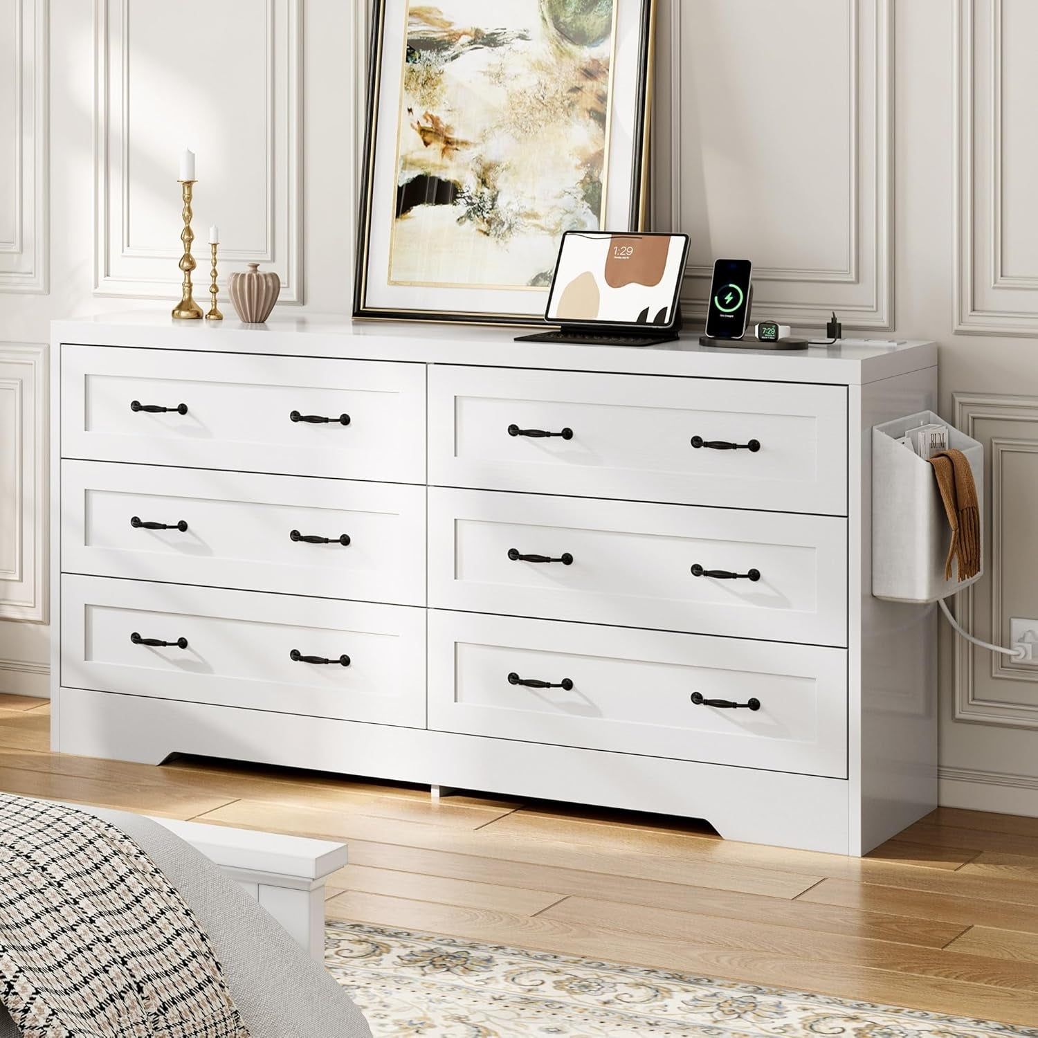 Farmhouse 6 Drawer Dresser for Bedroom, 60 Inch Large Modern Dresser TV Stand with Drawers &amp; Bar Handles, Storage Dressers with Power Outlets, Rustic Wood Chest of Drawers, White