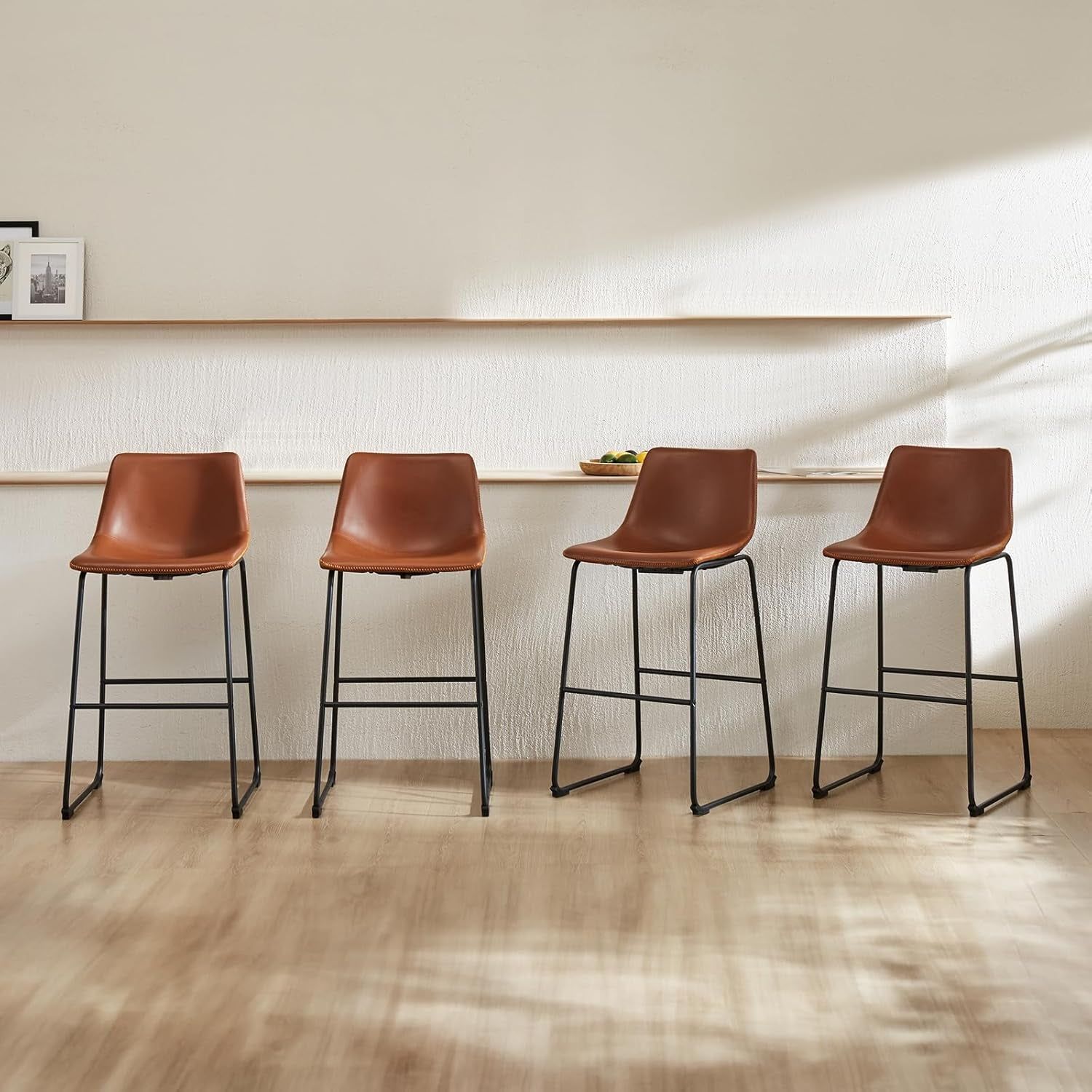 26 Inch Counter Height Bar Stools Set of 4, Modern Faux Leather High Barstools with Back and Metal Leg, Bar Chairs for Kitchen Lsland, Elegant Brown