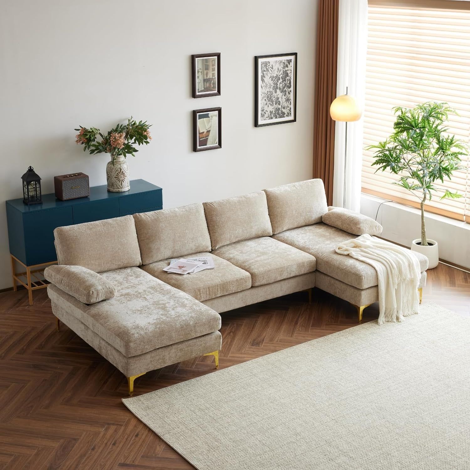 Convertible Sectional Sofa 110&quot; U-Shape Sofa Couch 4-Seat Couch with Chaise Chenillefabric Upholstered for Living Room, Apartment, Office, Camel