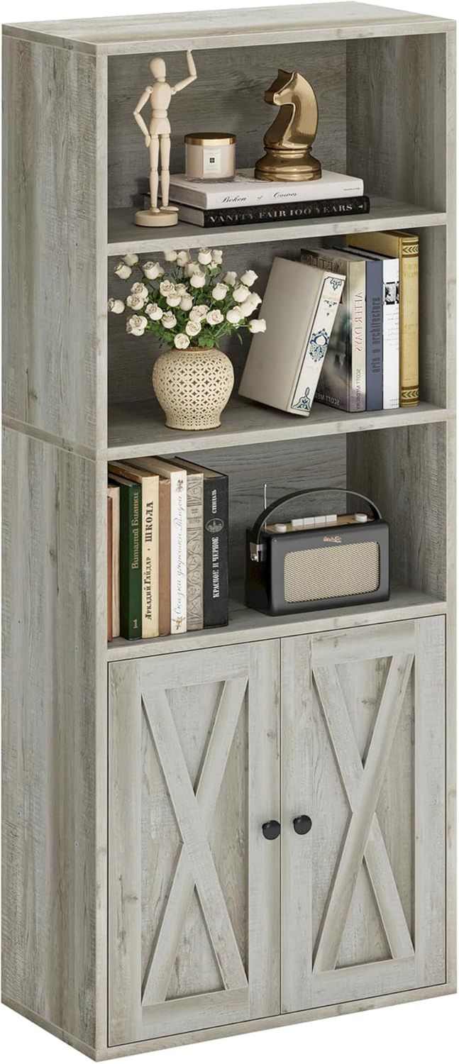 Industrial Bookshelves and Bookcases with Doors 11.8 in Depth Floor Standing 5 Shelf Display Storage Shelves Bookcase Home Decor Furniture for Home, Office, Living Room, Bedroom