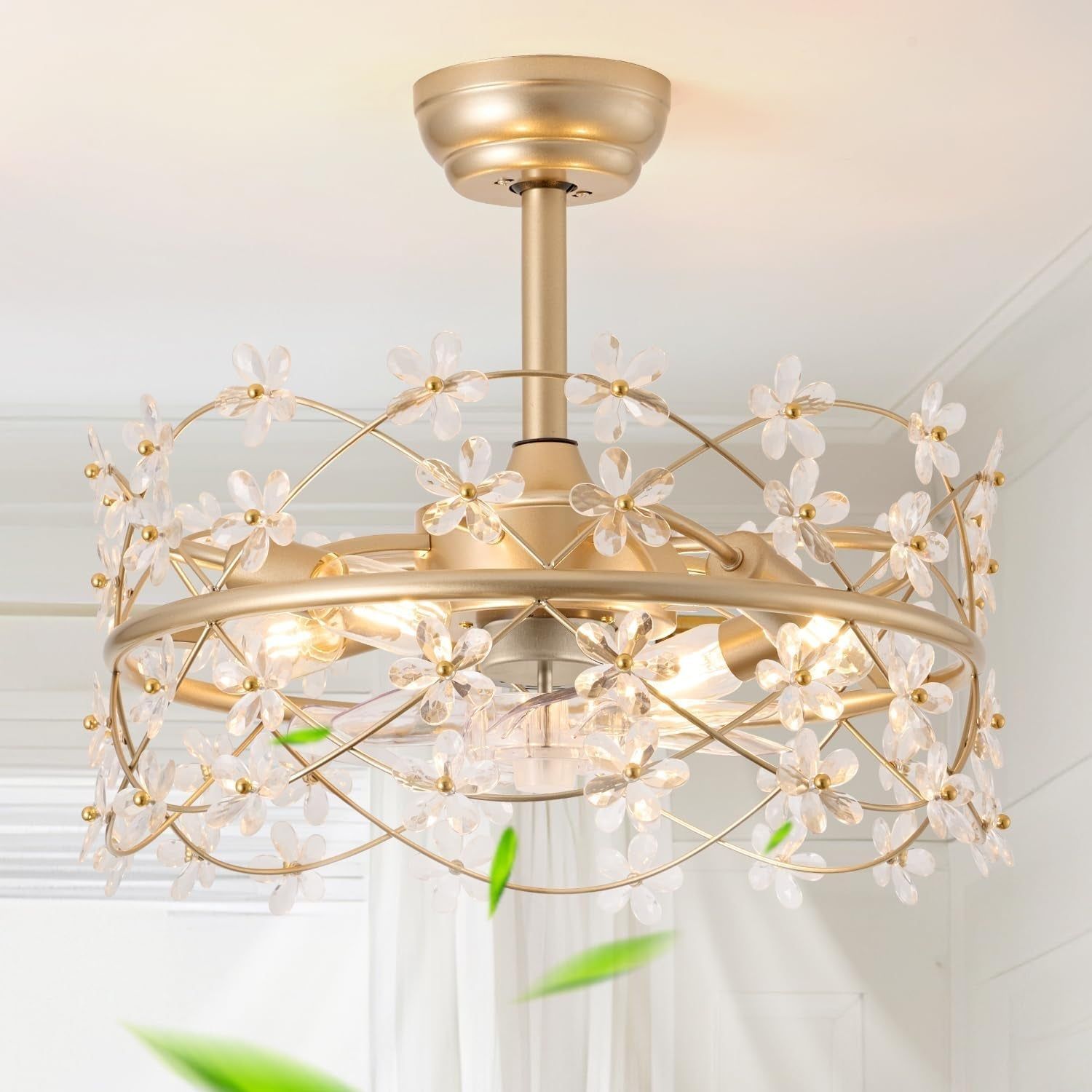 20 Inch Gold Caged Ceiling Fan with Light, Flower Chandelier Ceiling Fan with Lights Remote Control, Modern Crystal Fandelier 6 Speeds for Girl&#39;S Bedroom, Living Room