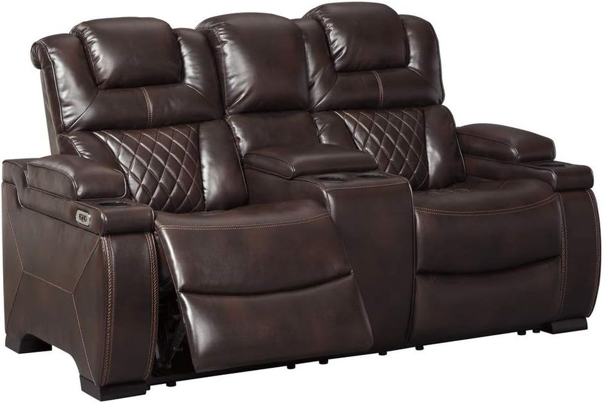 Warnerton Faux Leather Power Reclining Loveseat with Center Console, Brown