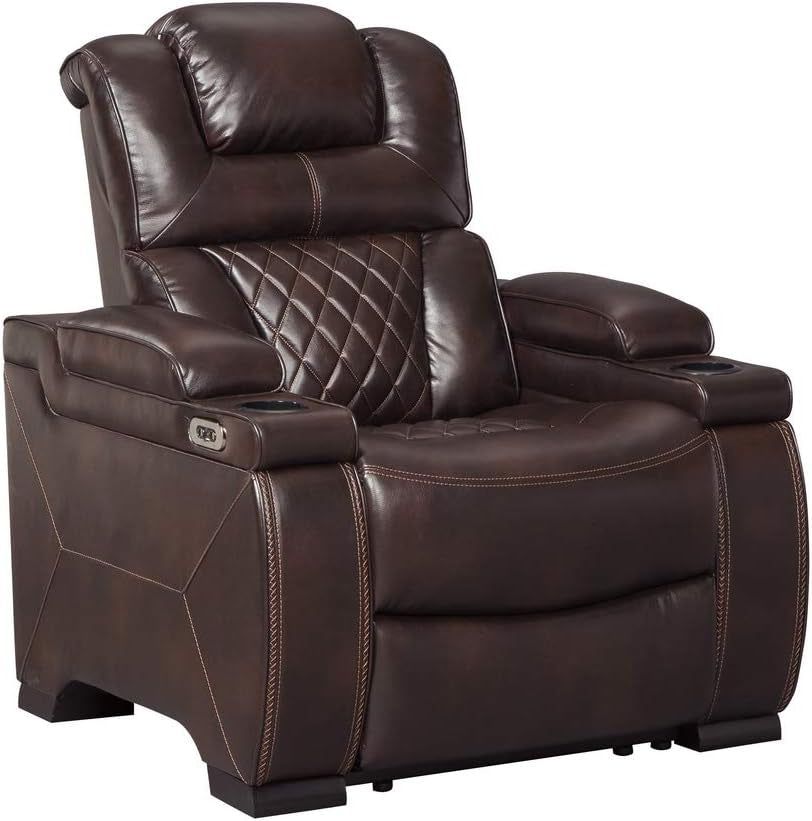Warnerton Faux Leather Power Recliner with Adjustable Headrest, Brown