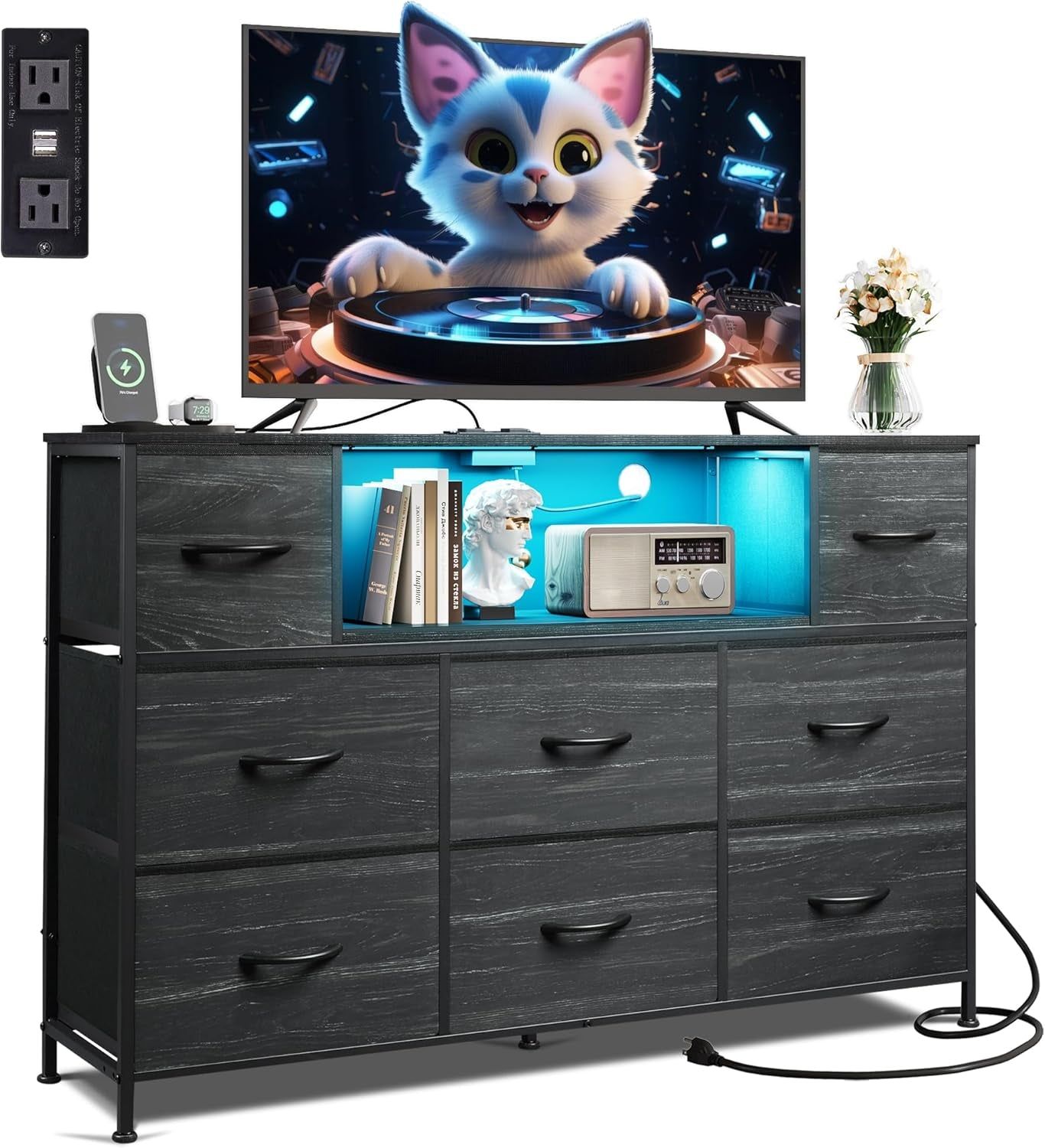 Black Dresser for Bedroom, TV Stand for Bedroom for 55 Inch TV with Charging Station and LED Lights, Fabric Chest of Drawers with Open Shelves, 8 Drawers Dressers for Living Room, Closet