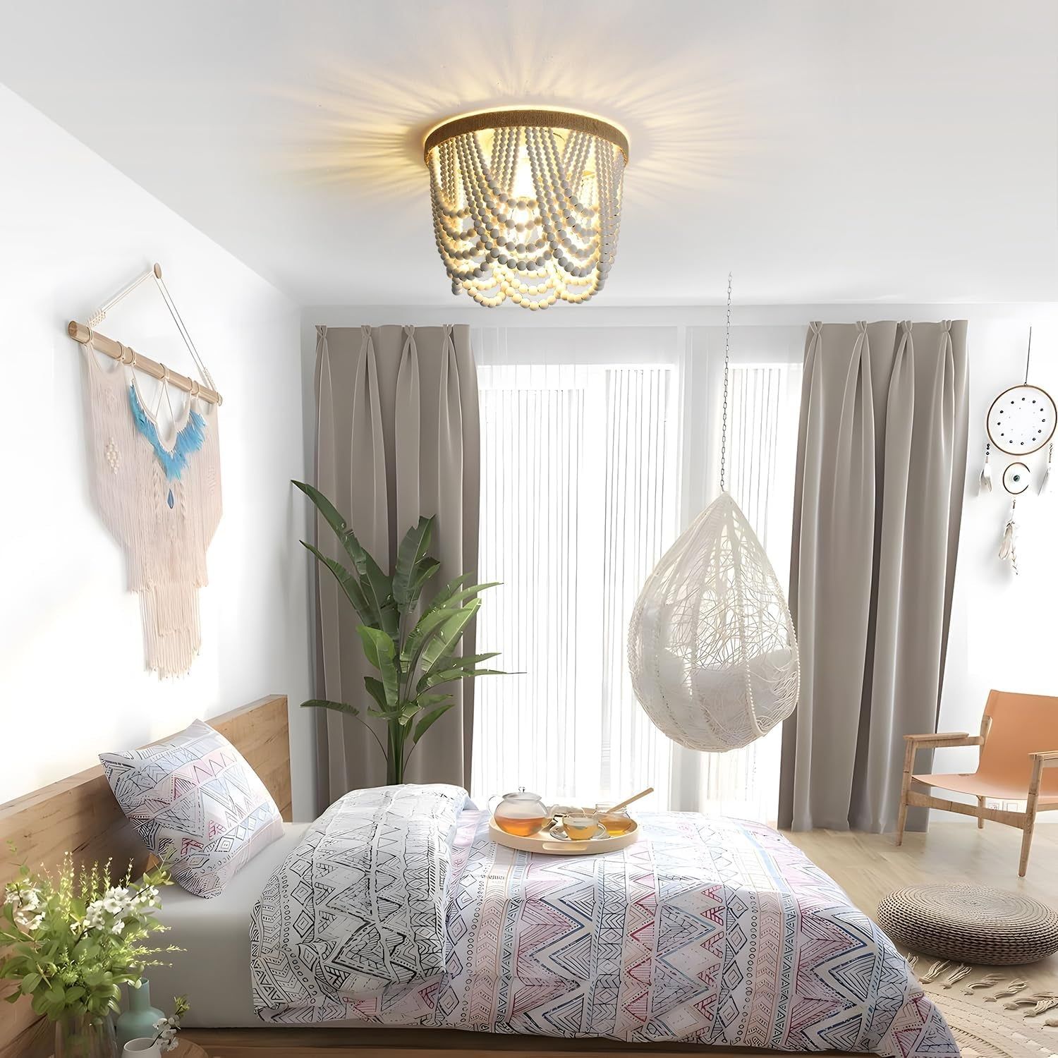 Bohemian Lighting Bohemian Chandelier Handmade Beaded Chandelier Bohemian Lighting Ceiling Beaded Lighting 3 Light Wood Bead Chandelier Nursery Lighting Bedroom Chandelier (White)