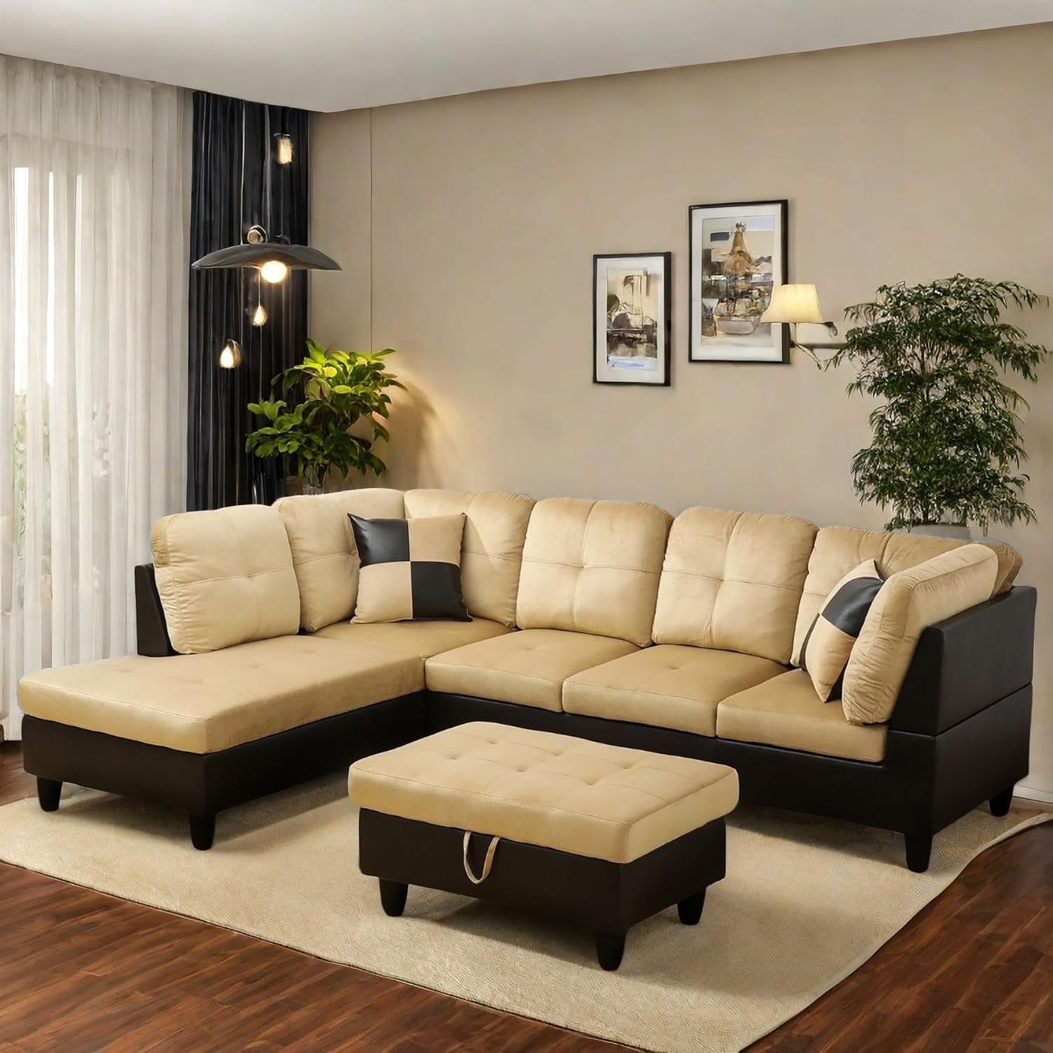 L Shaped Sectional Couch with Otttoman, 103&quot; Sectional Sofa for Living Room Flannel Modular Couches with Cup Holders for Bedroom, Apartments, Beige &amp;Brown