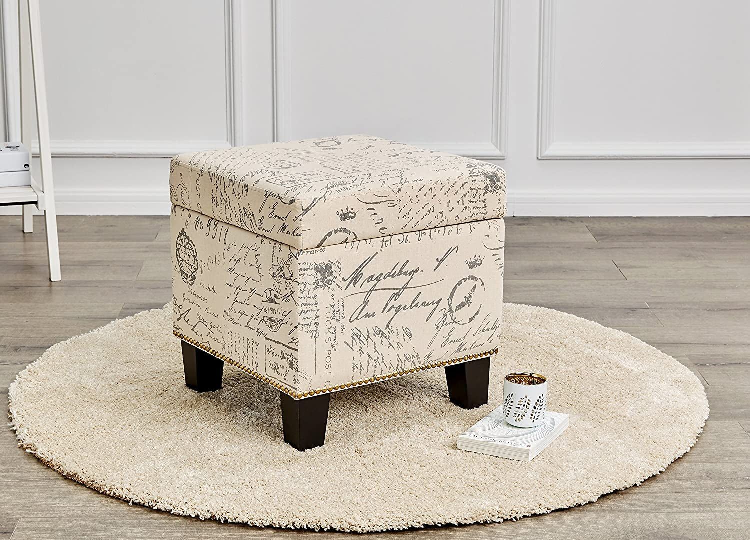 Neutral Beige Script Ottoman with Storage Square