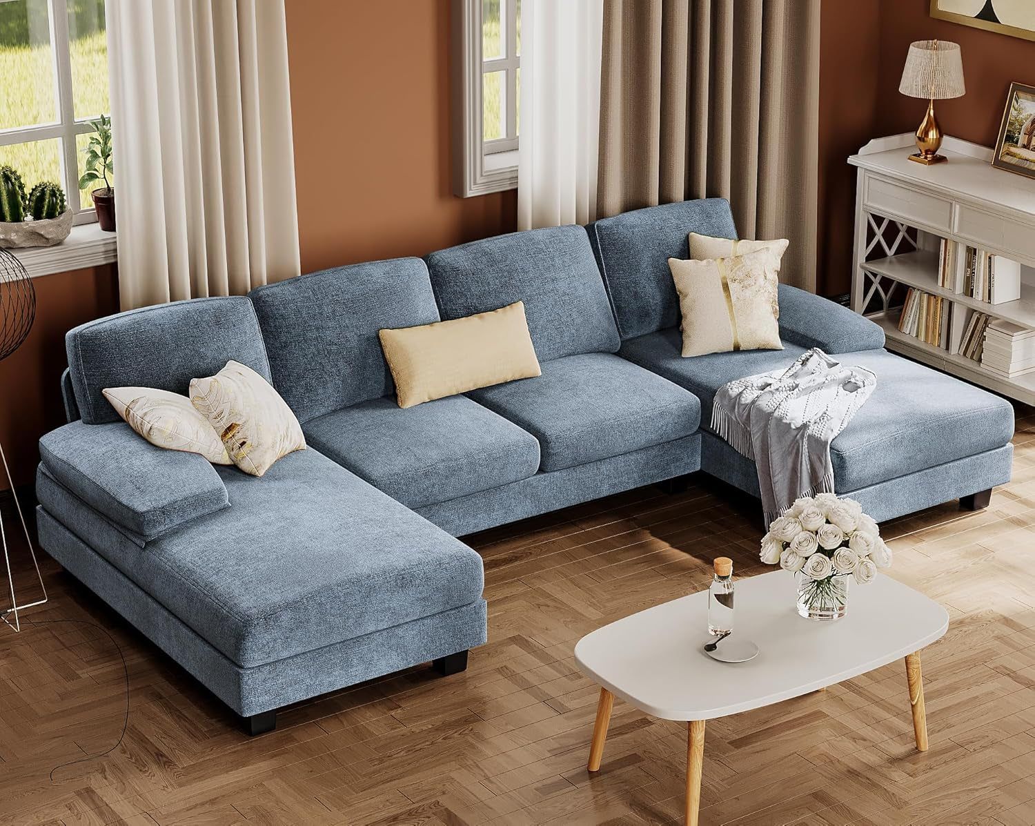 Sectional Couches for Living Room, U-Shaped Sofa Couch with Linen Fabric, 4 Seat Sofa Set with Double Chaise for Apartment (Fabric, Light Blue)