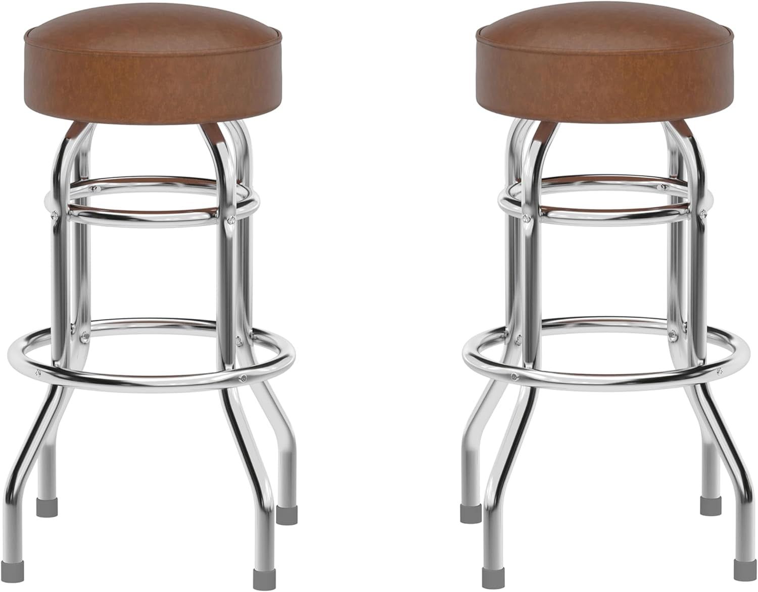 Bruno 2 Pack Double Ring Chrome Barstool with Weathered Brown Seat