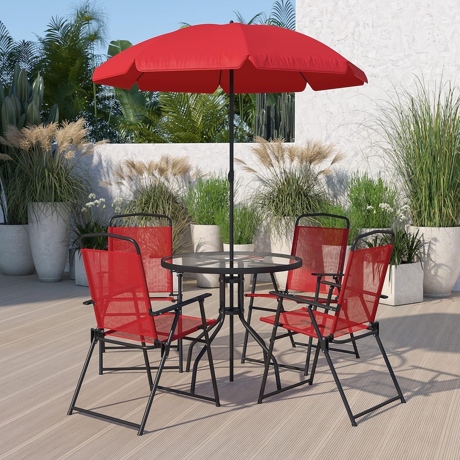 Nantucket 6 Piece Red Patio Garden Set with Table, Umbrella and 4 Folding Chairs