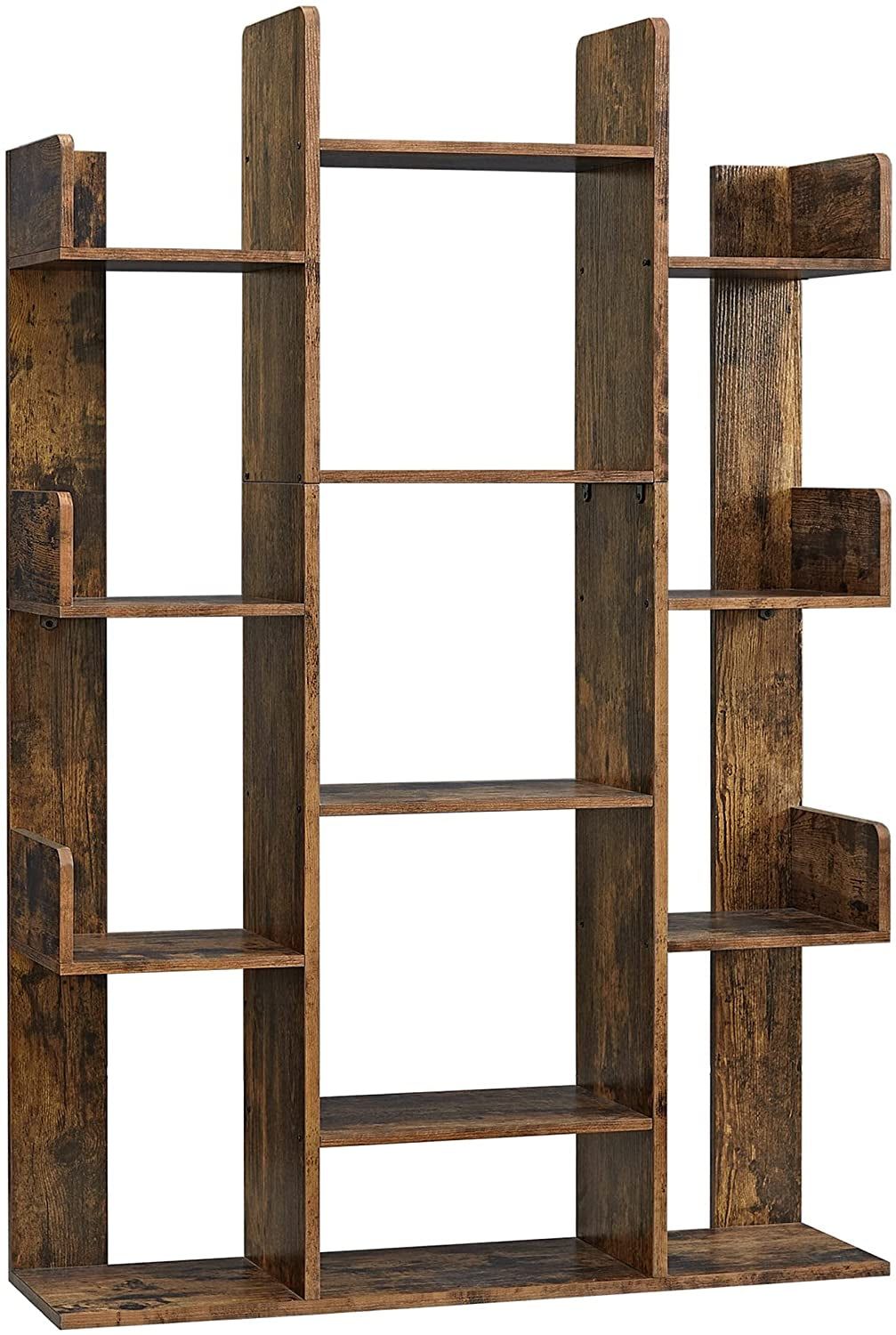 Bookshelf, Tree-Shaped Bookcase with 13 Storage Shelves, Rounded Corners, 9.8”D X 33.9”W X 55.1”H, Rustic Brown ULBC67BXV1